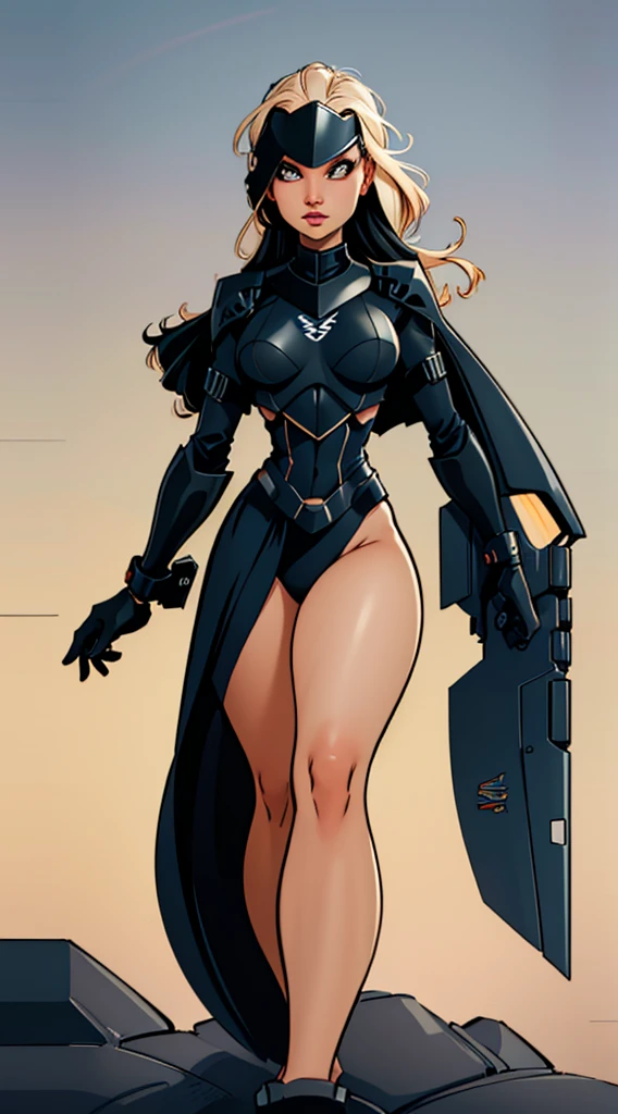 Creates a visually striking image of a woman who embodies the elegance and mystery of the B-2 stealth aircraft. With Closed Helmet, With black visor, Highlights her unique presence with an aerodynamic and fluid design, evoking the grace with which the aircraft slides through the sky. It uses dark tones to reflect the enigmatic aura and applies a touch of visual stealth to suggest its ability to evade radars. Captures the essence of this futuristic woman with a combination of sophistication and advanced technology, ((masterpiece)), (The best quality), standing, showing full body, good quality, excellent lighting.