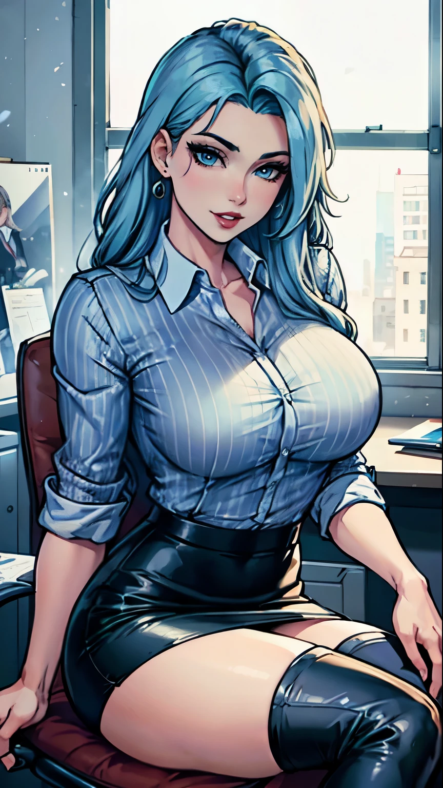 Masterpiece, raw, beautiful art, professional artist, 8k, art style by sciamano240, very detailed face, very detailed hair, 2girls, perfectly drawn body, beautiful face, long hair, light blue hair , very detailed blue eyes, pouty lips , rosey cheeks, intricate details in eyes, grin, looking straight at viewer , wearing office clothes , pencil skirt, black dior thigh boots, open pinstripe shirt, in love with viewer expression, wedding ring , lipstick, office setting, sitting on chair, close up on face,