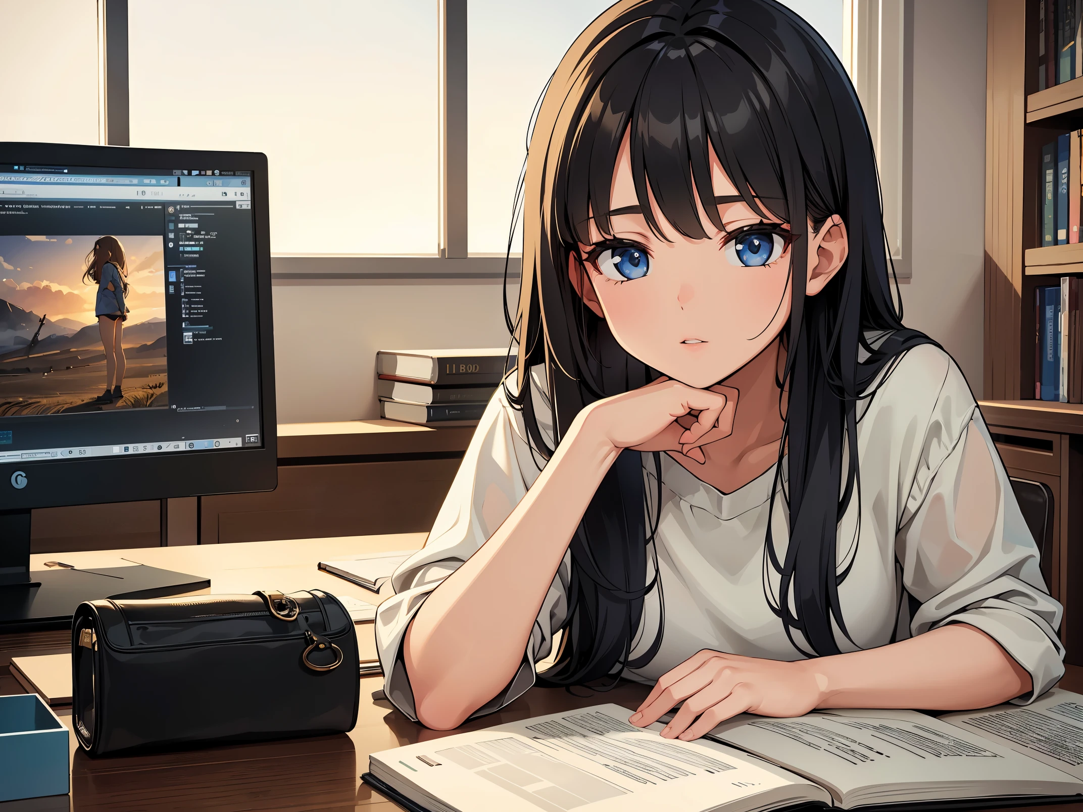 a girl studying in front of a machine,illustration,modern computer equipment,beautiful detailed eyes,beautiful detailed lips,extremely detailed eyes and face,long eyelashes,serious expression,intense focus,bookworm,meticulously drawn books and notebooks,thoughtful atmosphere,creative desk setup,best quality,4k,highres,masterpiece:1.2,ultra-detailed,realistic:1.37,HDR,studio lighting,professional,vibrant colors,subtle warm color tone,soft natural lighting