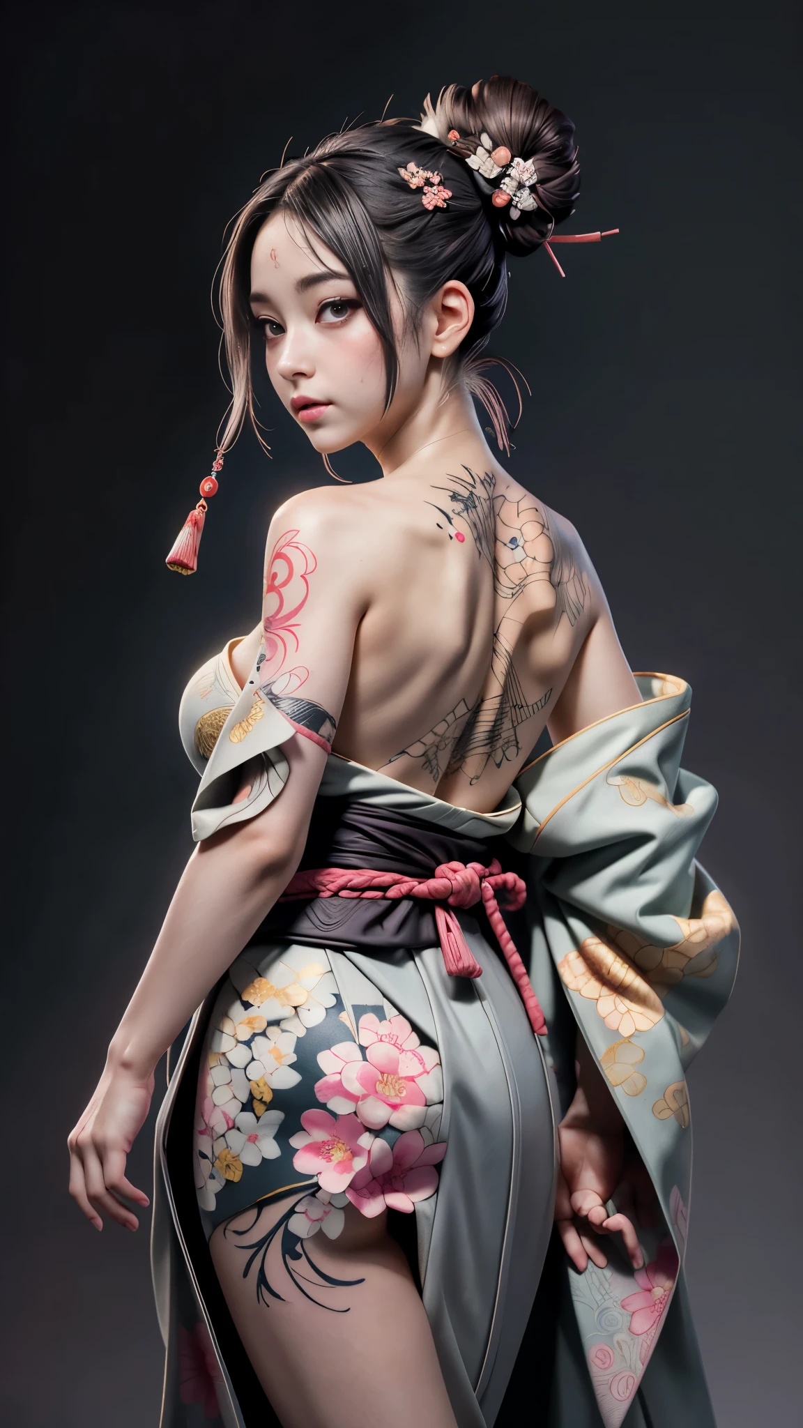 8k, masterpiece, (lifelike:1.5), artistic portrait of ((Beautiful Haruno Sakura) Wearing a kimono), Back and shank tattoos, ((Exposing Ukiyoe tattoo on back)), exposed face, bare shoulders, Exposing huge breasts, touch chamber, beautiful skin, slim figure, cute face, cute look, look at the audience, Dark brown bangs bun, Posing for photos, fog, backlight, dark gray background, dynamic lighting, Nature, artistic