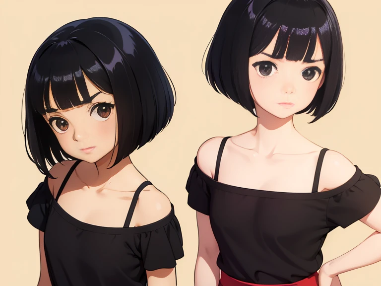 cute girl, character seet, Multiple pose and expressions, different angles, organizing, ghibli style, childrens book, meny character, Full body shot,(short bob cut), wearing red&black off shoulder casual dress,black camisole,hair off forehead bangs,short eyebrows,short hair,black hair,