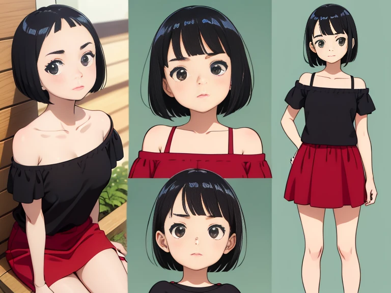 cute girl, character seet, Multiple pose and expressions, different angles, organizing, ghibli style, childrens book, meny character, Full body shot,(short bob cut), wearing red&black off shoulder casual dress,black camisole,hair off forehead bangs,short eyebrows,short hair,black hair,