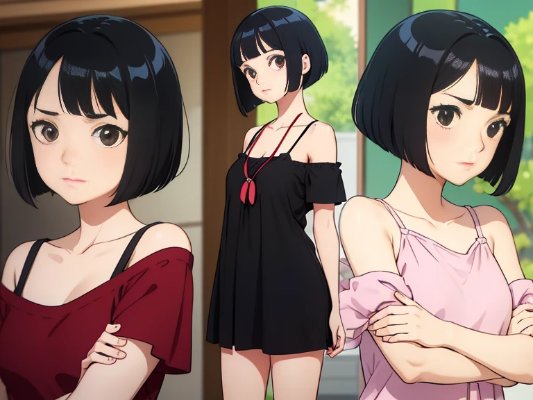 cute girl, character seet, Multiple pose and expressions, different angles, organizing, ghibli style, childrens book, meny character, Full body shot,(short bob cut), wearing red&black off shoulder casual dress,black camisole,hair off forehead bangs,short eyebrows,short hair,black hair,