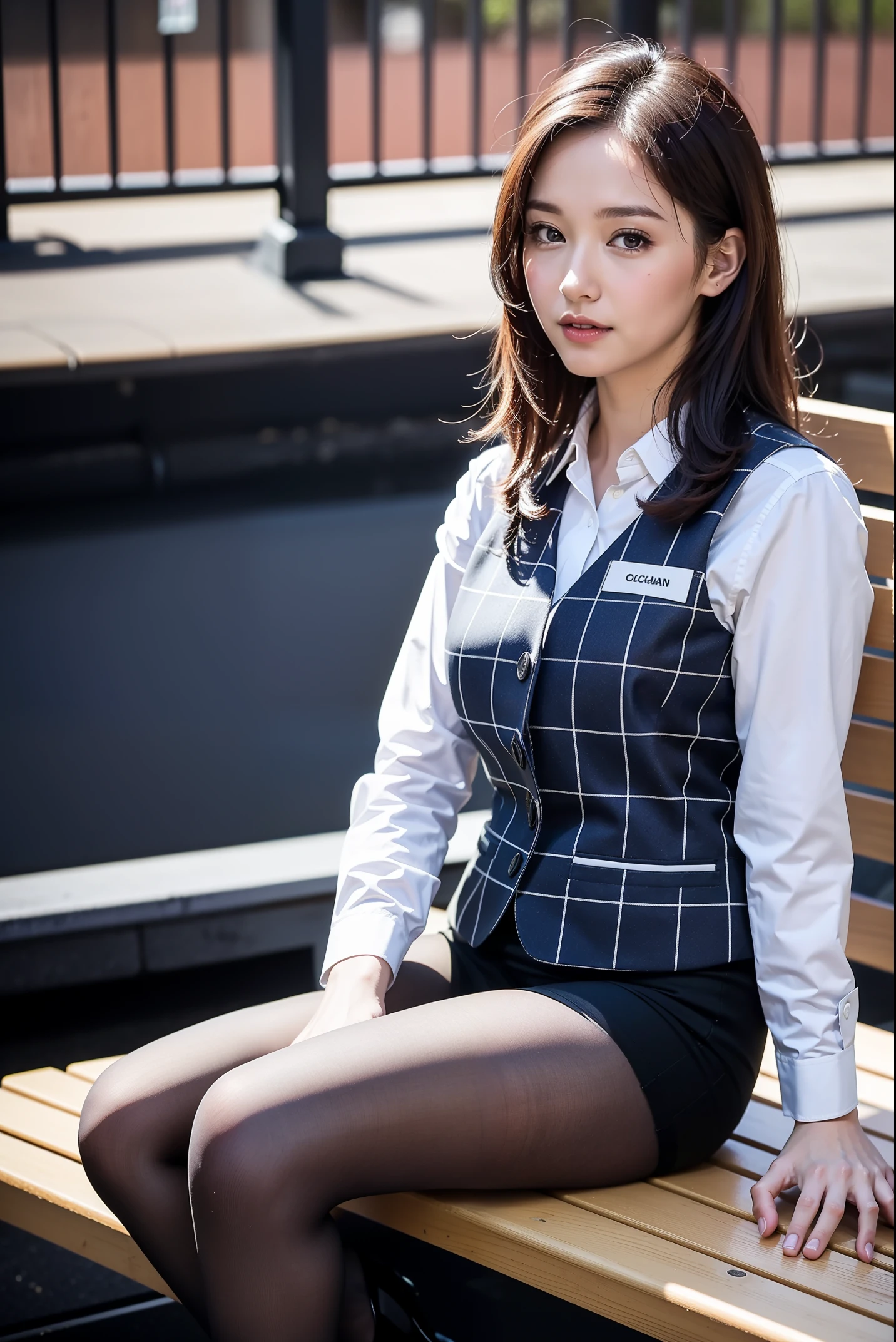 Ulchan-6500-v1.1, (RAW photo:1.2), (Photoreal), (genuine:1.4), １girl、perfect anatomy、42 years old、look at the camera、medium long hair、plaid vest、((sitting on the bench:1.3))、(super realistic pantyhose:1.2), (high heels)、(Business service)、