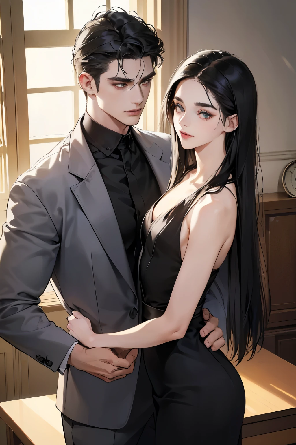 (masutepiece, Digital Art, Digital Illustration, 4K, 8K, Ultra-detailed, beautiful image, Sharp Image, Photorealistic, Raw photo, Perfect face, Perfect lines, Perfect eyes, Soft lighting) 1 woman, (Long Black Hair,straight haired,Bullish gaze,Beautie,Woman in suit、Solid makeup,23 y-o woman,small tits:1.3),Secretary, Two handsome men in suits, (ember,Men in suits,well-muscled,Firm shoulder width,Adult male,Boyish hairstyle,English gentlemanly style,Man in his 30s with a cool expression,28-year-old man with bright smile:1.2),living room full of light、sofas、parrot、the kiss、kiss、a couple、couple kissing、Romance、ssex、have sex、Wet pubic area、insert 、Rape、Overflowing、Full body painting,(One Girl And One Man,Having sex:1.5),(ember,Adult male,Rubbing the girl's boobs:1.2),Cheek dyeing、gasping face、embarrassed、boredom、begging、Unhappy、Greedy expression,Wet pubic area、 xen、Open your crotch wide、Cowgirl、Fluttering chest、Wet shirt、Sheer black lace underwear、