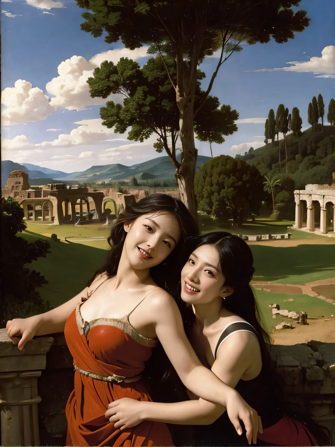 Ancient Roman ruins,Poussin-style landscape,A smile,,Sweet and seductive appearance.、Caravaggio's paintings、Chiaroscuro of Caravaggio、Hair disheveled in the wind,Two women frolicking,Cute smile, Expression of ecstasy,A sexy,Erotic