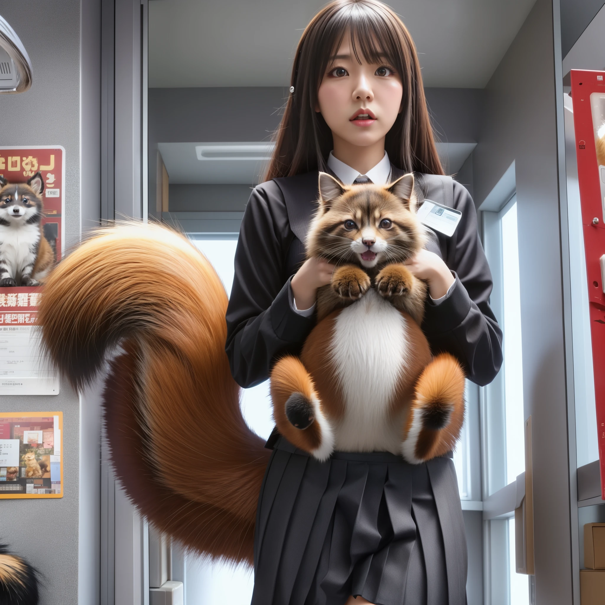 there is a 女性 holding a cat in her arms, a woman stands with a tanuki tail, (software) safe for work, on pixiv, fur with tail, software version, coworkers, realistic style, , realistic style , beautiful girl, photograph, 最high quality, (Her skirt is flipped up and her tail is visible.:1.8) ,Reality, small breasts, slender, white panties,tail from above panties, Tail from inside the skirt, bushy tail, realistic tail, flat chest, (software) safe for work, nffsw, retina, muste piece, Accurate, anatomically correct, super detail, advanced details, high quality, 最high quality, High resolution, 1080p, 4k, 8K, The tail is sticking out from inside the skirt, long tail, A face that looks like it's about to cry