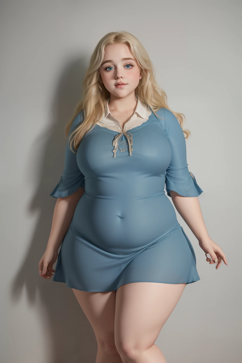 masterpiece, (photorealistic), (8k wallpaper) , (best quality), perfect quality, solo, (detailed eyes), girl, Luna, blonde hair, very beautiful, young, 18 years old, pose: (sexy pose, standing), face : (Luna, small smile, young, very beautiful face, plump face, round face, adult, double chin, plump cheeks, small smile, very beautiful, cute face, young, big eyes) , figure: ( very full body, very full figure, very thicc, very thick, chubby, chubby belly, chubby belly bottom, big deep navel, very soft, very curvy, fat rolls, belly rolls, fat love handles, sexy curves, wide hips, fat hips, fat ass, sexy, muffin top, very thick thighs, thunder thighs) , clothes : (tight silver dress, tight sea-through dress)