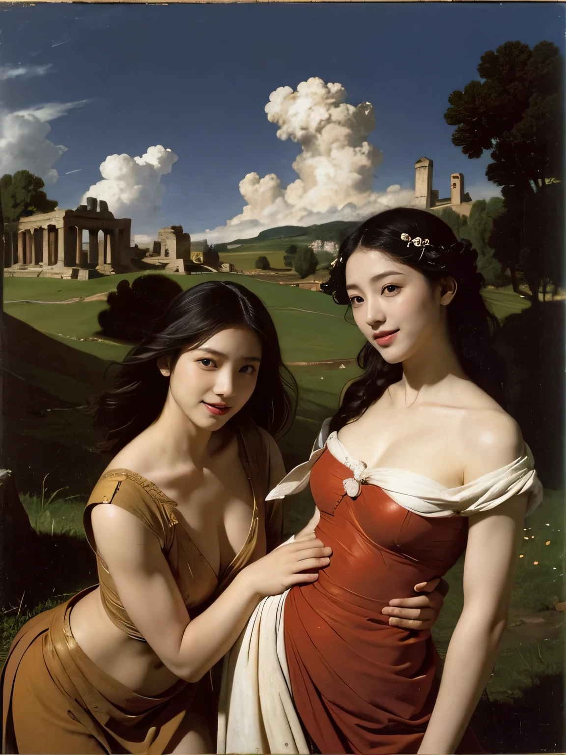 Ancient Roman ruins,Poussin-style landscape,A smile,,Sweet and seductive appearance.、Caravaggio's paintings、Chiaroscuro of Caravaggio、Hair disheveled in the wind,Two women frolicking,Cute smile, Expression of ecstasy,A sexy,Erotic