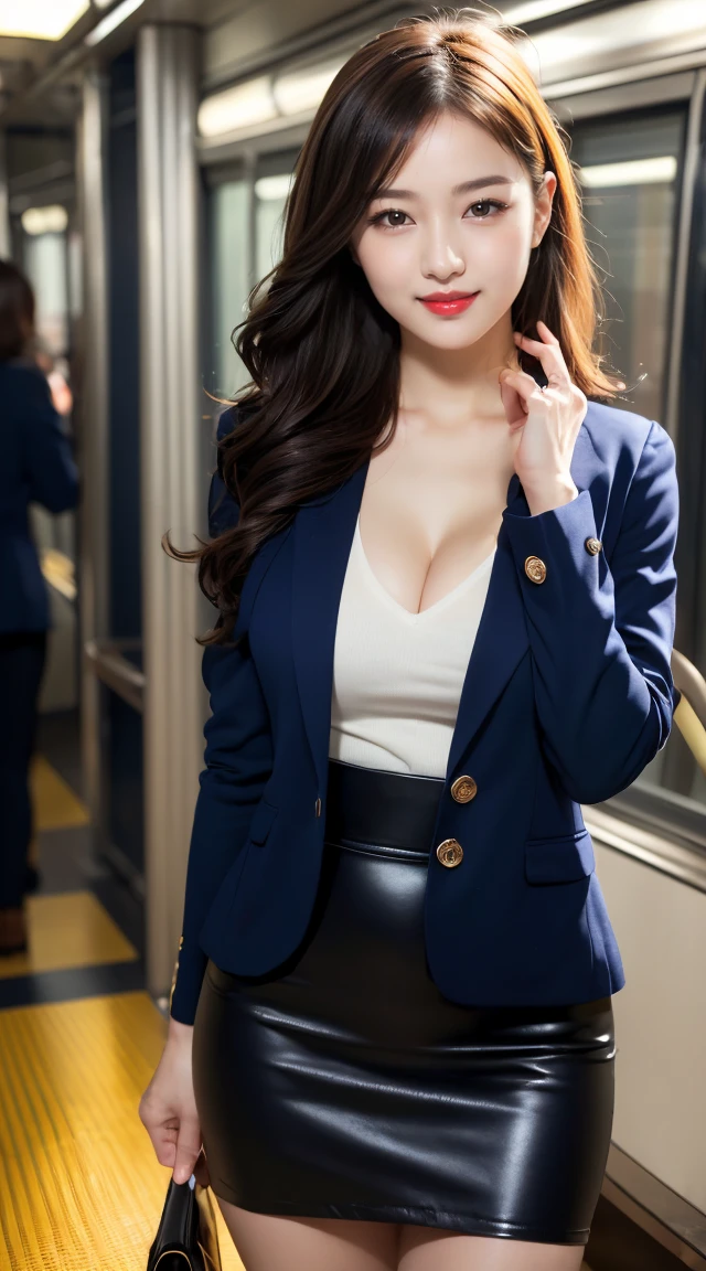 Delicate, Masterpiece, Beautiful Detail, Colorful, Fine Detail, Detail, Detail, Big Breasts, 1 Woman, (20 Year Old Beautiful Korean Woman: 1.1), (KPOP Idol, Korean Mix), (50mm Sigma f/1.4 ZEISS Lens, F1.4, 1/800s, ISO 100, Photo: 1.1), (Ponytail + Blonde: 1.2), Realistic: 1.4), (Spy: 1.2), (dark blue open jacket, shirt, skirt, tie, black pantyhose, Christian Louboutin \ (brand\): 1.3), earrings, necklace, armlets, (tavern: 1.2), (beautiful legs, tall woman, skinny, slim legs, thigh gap, model: 1.2), lens flare, happy smile from the front: 1.1), Dynamic pose, (make: 1.2), sitting on bar stools, Nogizaka idol, Korean idol, actress, gravure idol, armpit, arms crossed, android