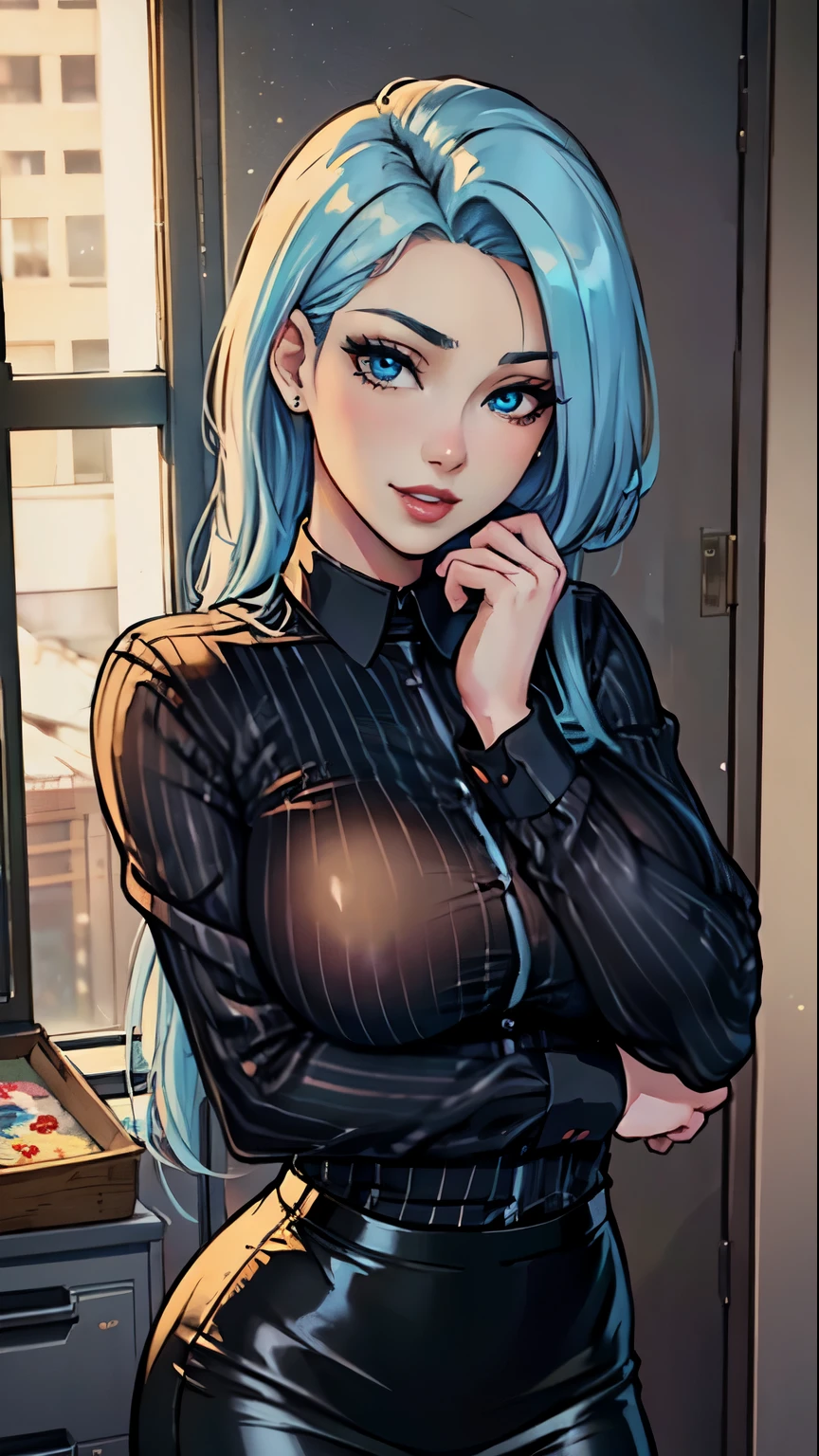 Masterpiece, raw, beautiful art, professional artist, 8k, art style by sciamano240, very detailed face, very detailed hair, 2girls, perfectly drawn body, beautiful face, long hair, light blue hair , very detailed blue eyes, pouty lips , rosey cheeks, intricate details in eyes, grin, looking straight at viewer , wearing office clothes , pencil skirt, black dior thigh boots, open pinstripe shirt, in love with viewer expression, wedding ring , lipstick, office setting, sitting on chair, close up on face,