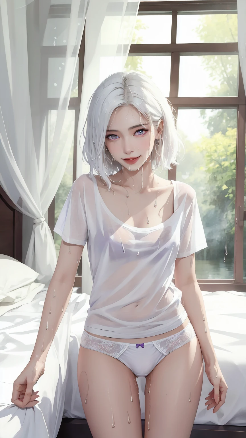 ((((masterpiece, best quality, high resolution)))), (1girl:1.5), ((short silky hair, white hair, purple eyes, sharp eyes)), (medium breasts:1.2), blush, (cheeky smile, parted lips), glow, thighs, bare shoulders, collarbone, narrow waist, (slender body figure), (beautiful detailed face, beautiful detailed eyes), ((wet white tshirt, panties showing package:1.3)), (standing up), looking at viewer, nighttime, bedroom