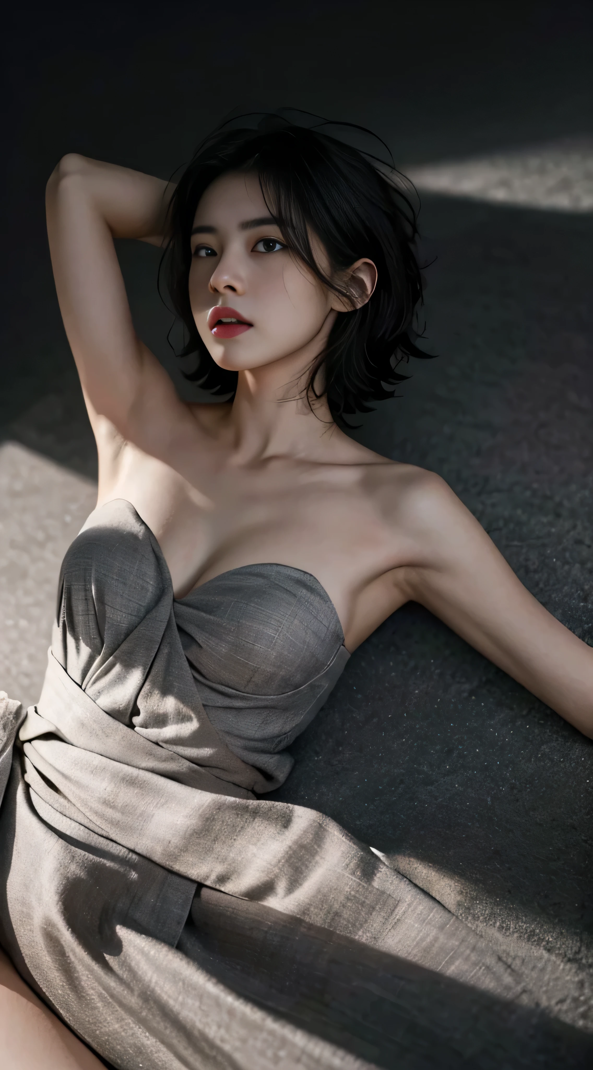 lying on the gray floor, full body shot, Best quality, masterpiece, ultra high resolution, (Realistic: 1.5), Original photo, 1 girl, Shoulder, in the dark, deep shadow, overhead with photographic lighting, understated, cold light, sexy look, Black short hair, 