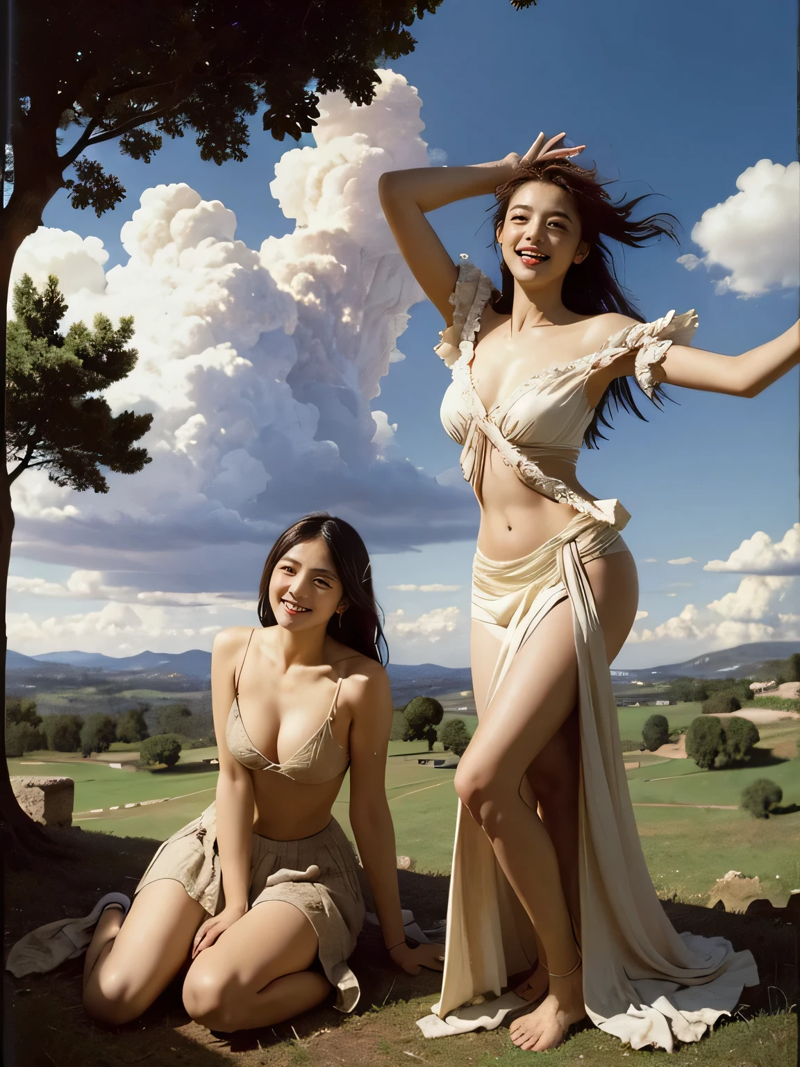 Ancient Roman ruins,Poussin-style landscape,A smile,,Sweet and seductive appearance.、Caravaggio's paintings、Chiaroscuro of Caravaggio、Hair disheveled in the wind,Two women frolicking,Cute smile, Expression of ecstasy,A sexy,Erotic