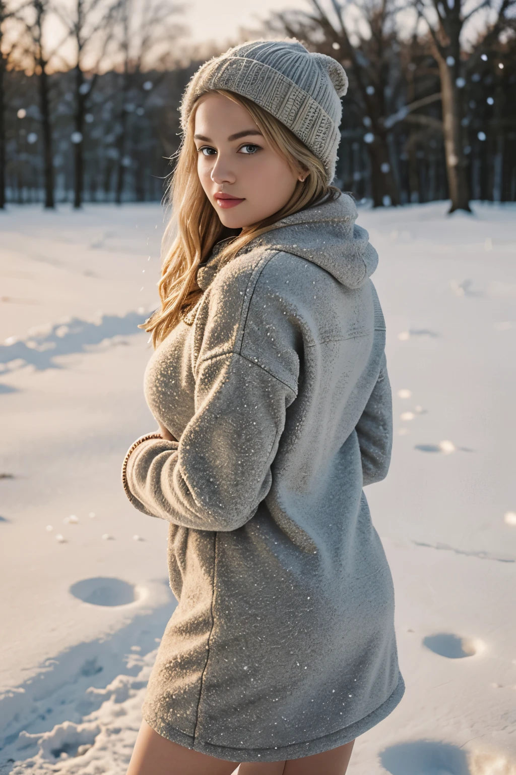 1girl , solo, big breasts, back facing viewer, she is looking away from view, blonde hair, brown eyes, jewelry, full body, necklace, lips, realistic, nose, flirting with camera, sexy, realistic, high detail, 4k photo, high detail,, sexy perfect anatomy, perfect symmetry, soft lights, outside, wintery scene, cold, snow,, high details, photo quality, super real, winter outfit