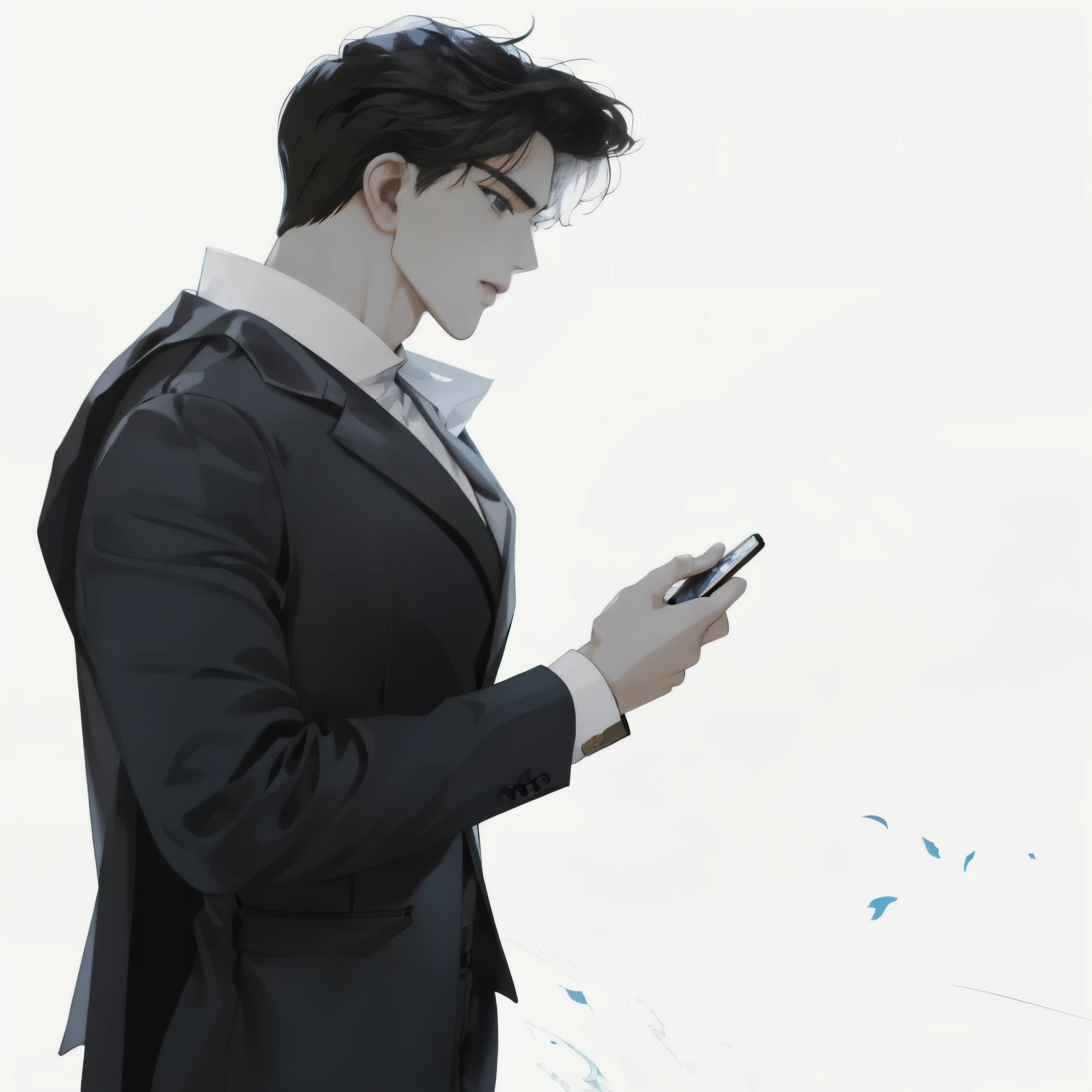 A man in a suit is looking at his mobile phone., Handsome anime poses, elegant profile poses, handsome anime boy, profile poses, high quality fanart, beautiful androgynous prince, Inspired by Hisui Sugiura, The delicate androgynous prince, Stand in elegant poses, Digital art of elegance, Discreet posture, Men's Poses, Male Art
