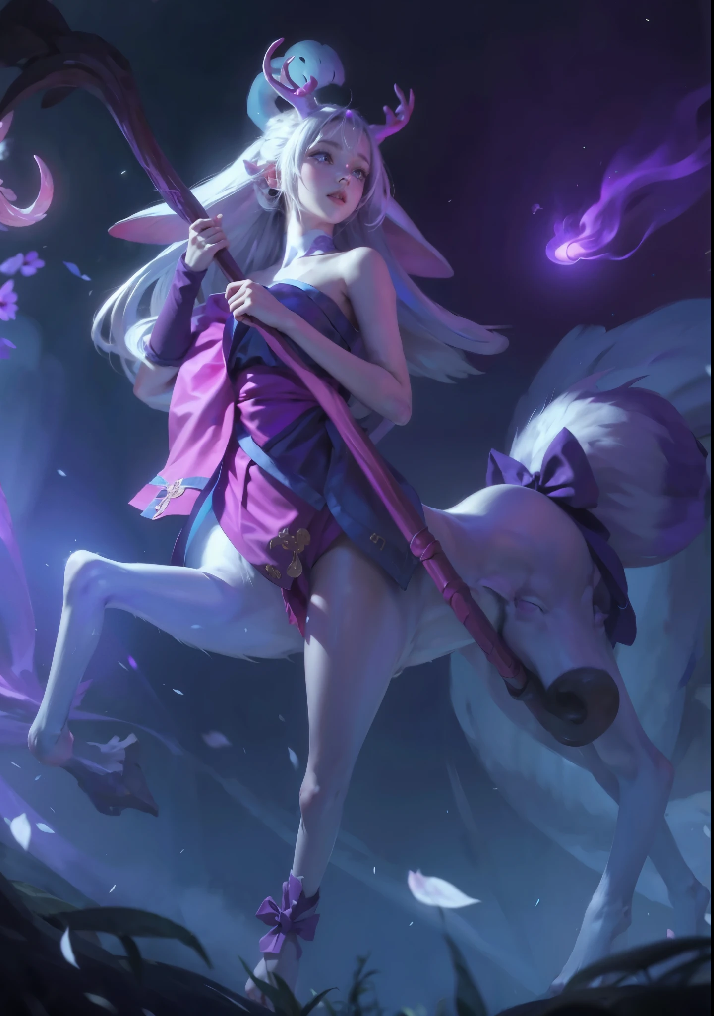 (Realistic:1.3), Texture,(purple eyes), (White deer),(A young girl holding a staff in purple clothes and white deer feet:1.3), Lovely, long white hair, Pink antlers on head,pink lipstick, kimono,  Cherry blossoms fluttering,high detail