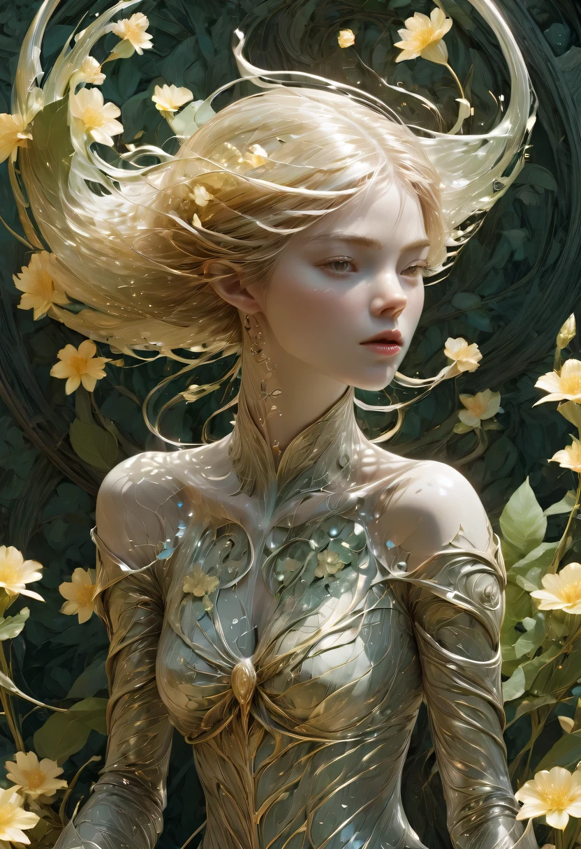 Elf Warrior Queen a gorgeous tarot card, Fractal magic, Illustrations in the style of Travis Charest, ink lines, poster, Elle Fanning model, CG Society of Japan, fantasy art, detailed illustration, mystery, Botanical masterpiece, detailed, Surrealism, Elements of symbolism and Surrealismism, complex design, Intertwined, beautiful woman, flowers, soft.