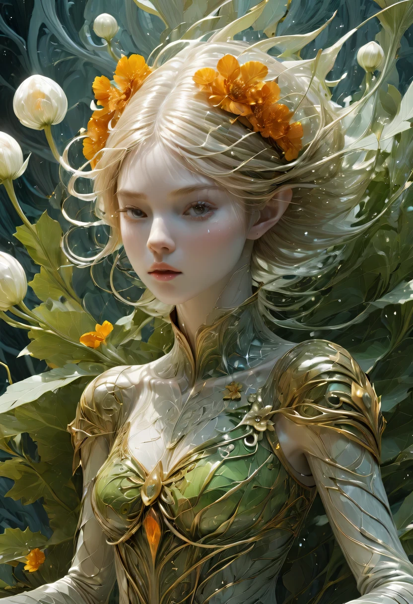 Elf Warrior Queen a gorgeous tarot card, Fractal magic, Illustrations in the style of Travis Charest, ink lines, poster, Elle Fanning model, CG Society of Japan, fantasy art, detailed illustration, mystery, Botanical masterpiece, detailed, Surrealism, Elements of symbolism and Surrealismism, complex design, Intertwined, beautiful woman, flowers, soft.