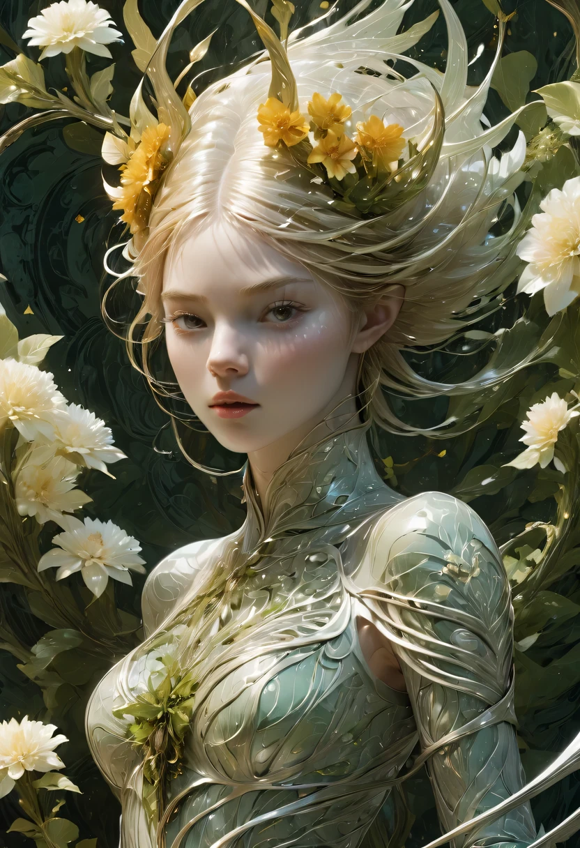 Elf Warrior Queen a gorgeous tarot card, Fractal magic, Illustrations in the style of Travis Charest, ink lines, poster, Elle Fanning model, CG Society of Japan, fantasy art, detailed illustration, mystery, Botanical masterpiece, detailed, Surrealism, Elements of symbolism and Surrealismism, complex design, Intertwined, beautiful woman, flowers, soft.