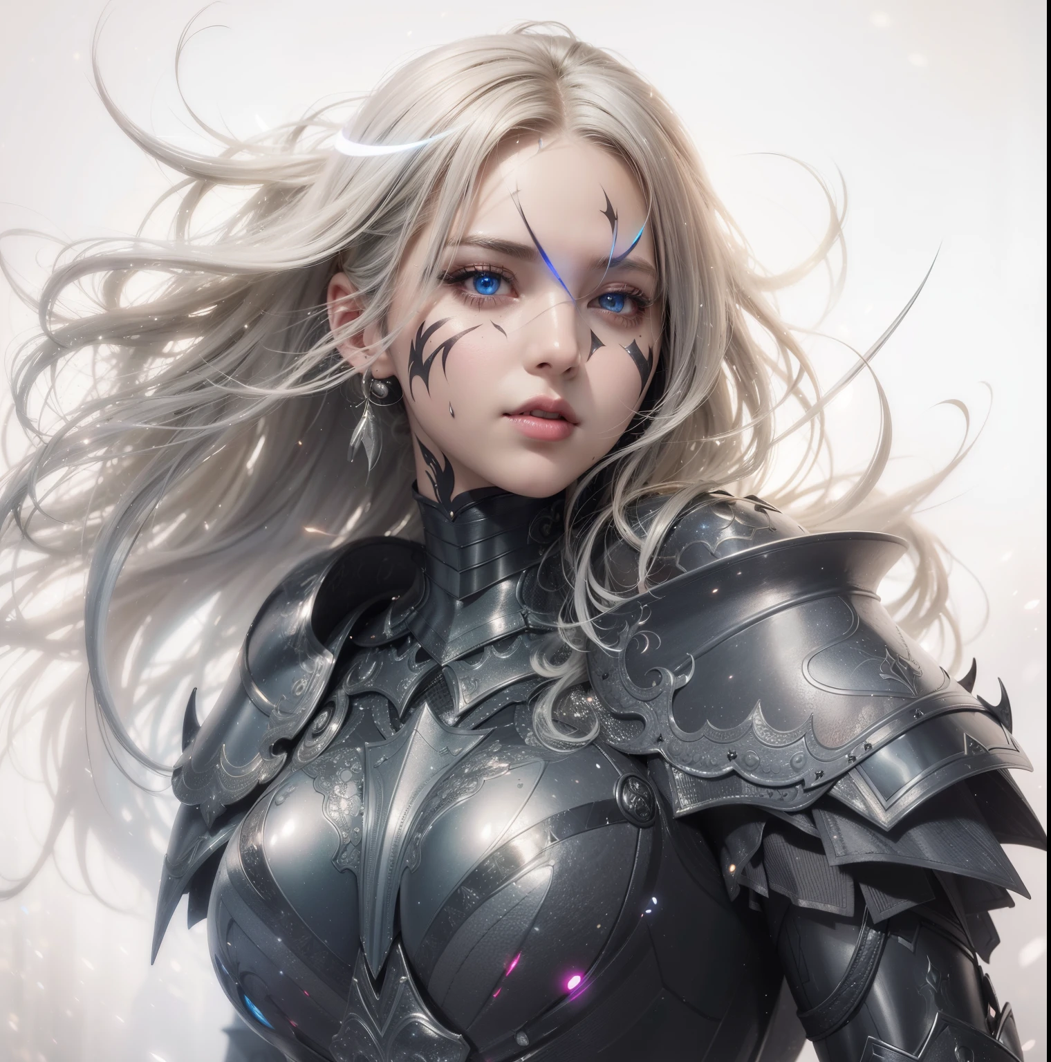 Bust ((from face to the waist)) Beauty girl as 2B in hyperrealistic detailed tight ornad elegant knight armor, detailed sharp galaxy glowing eyes, ((with glowing colorful fringe)), cinematic illumination 8k, (masterpiece), sharp focus