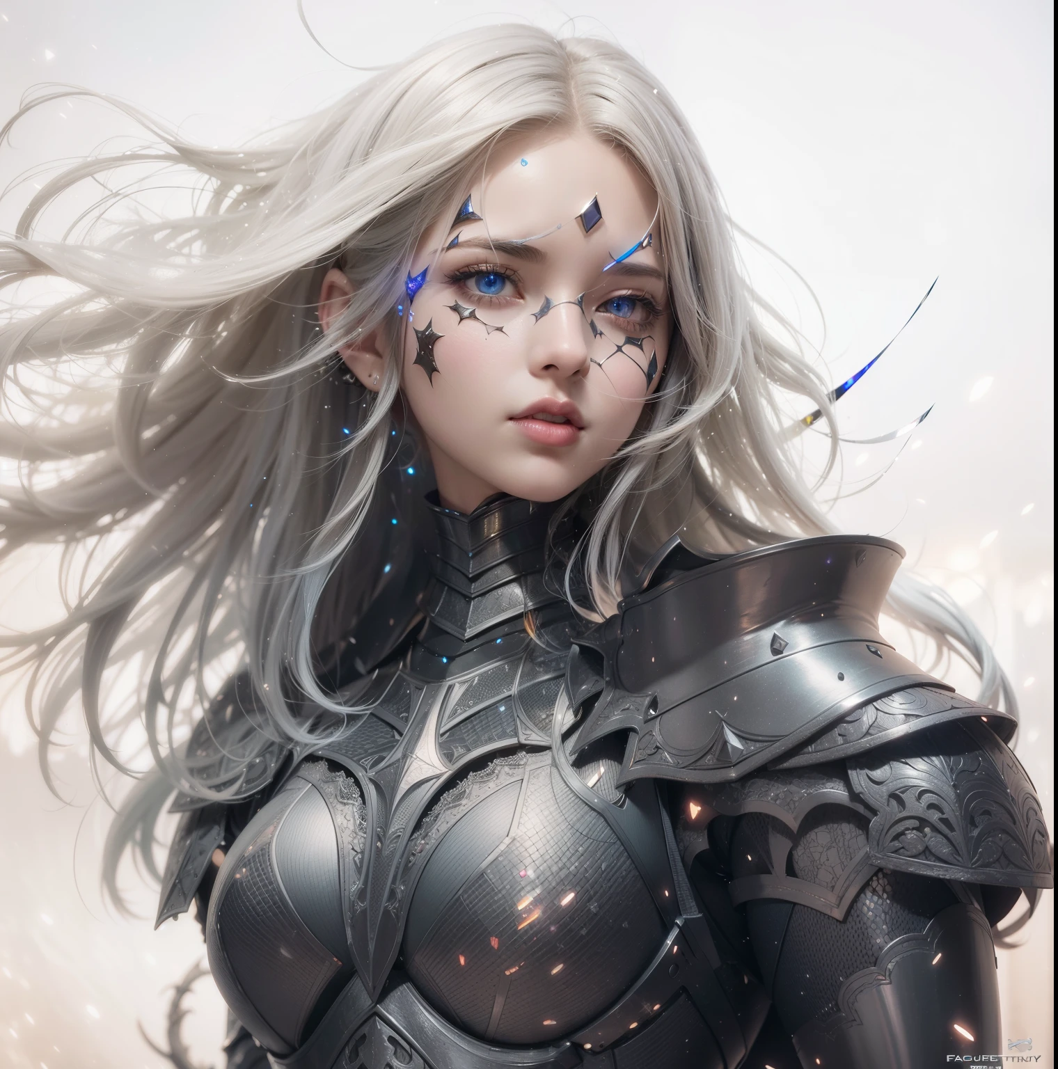 Bust ((from face to the waist)) Beauty girl as 2B in hyperrealistic detailed tight ornad elegant knight armor, detailed sharp galaxy glowing eyes, ((with glowing colorful fringe)), cinematic illumination 8k, (masterpiece), sharp focus
