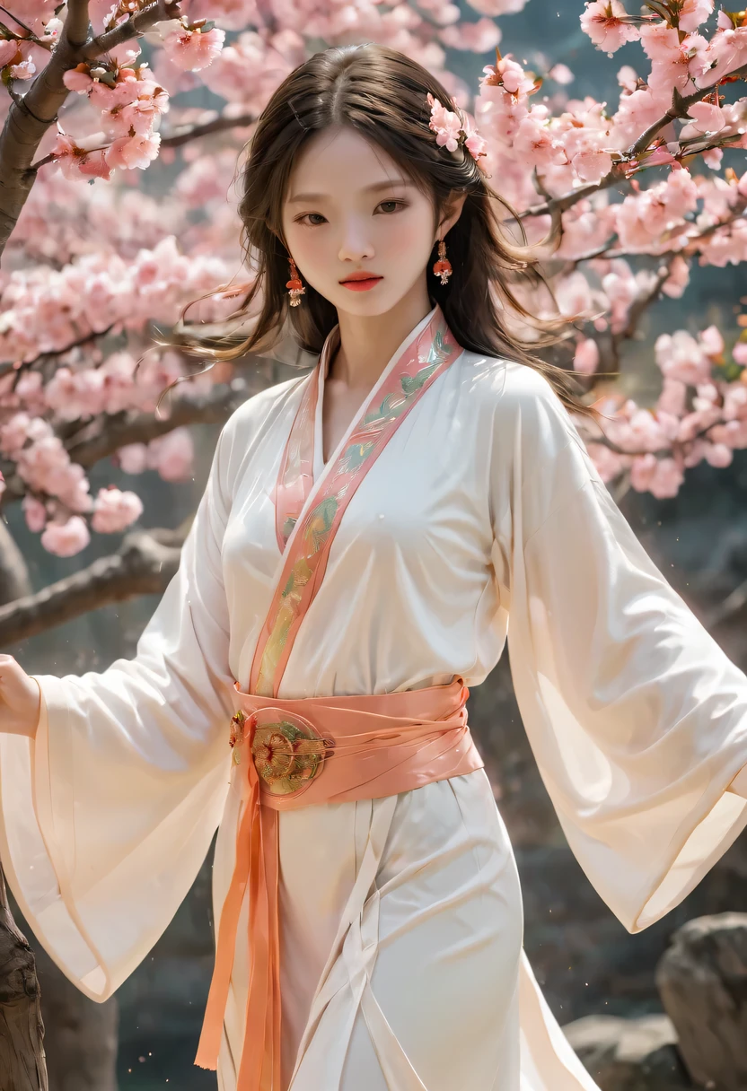 best quality, masterpiece, high resolution,3个女孩,pretty face,whole body,Chinese clothes,White robe,Hold the sword in your right hand (Gorgeous ornamentation),Peach tree,