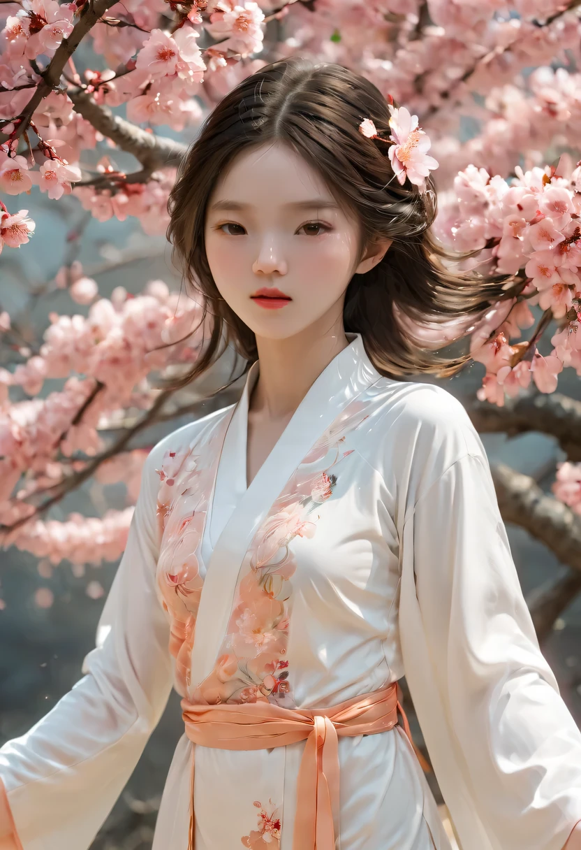 best quality, masterpiece, high resolution,3个女孩,pretty face,whole body,Chinese clothes,White robe,Hold the sword in your right hand (Gorgeous ornamentation),Peach tree,