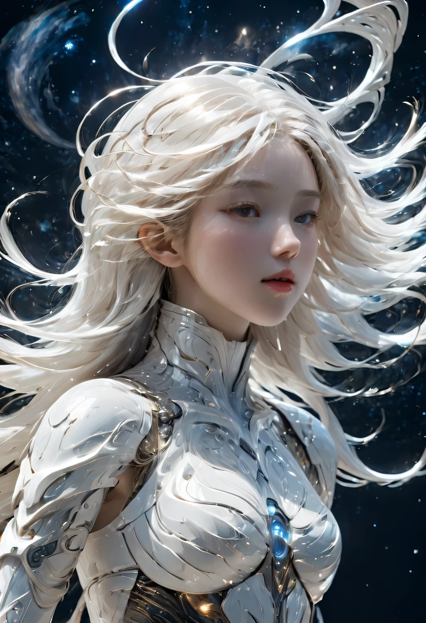a young beautiful woman, universe,Very_long_hair, 1 girl, universe, alone, white_armor,best quality, ultra high resolution,tokyo fashion,