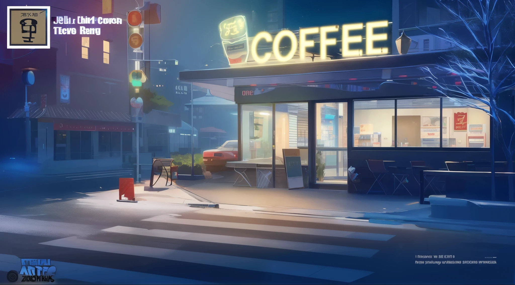 snowy night scene of a cafeteria with neon sign and street lights, arte conceitual zootopia, cafeteria, cozy cafe background, inspirado em Atey Ghailan, na cidade de zootopia, no estilo de atey ghailan, arte conceitual urbana, Rossdraws Global Lighting, design de ambiente de filme, Direction: Goro Fujita, inspirado em Chris LaBrooy