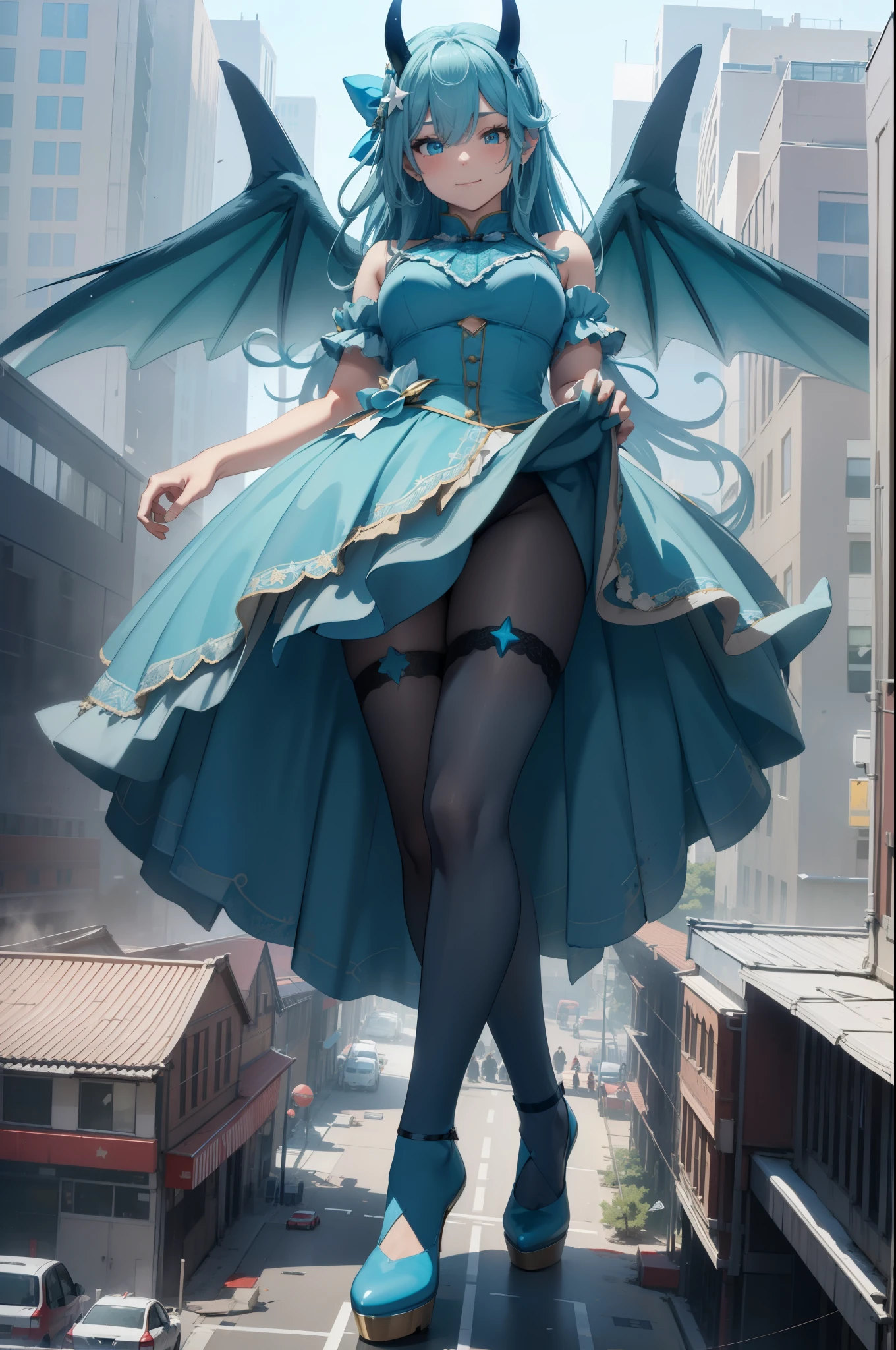 Aerial View，giant girl 50,000 feet high，Weight 1000kg，Has a pair of huge blue angel wings，With huge devil horns on his head，Has waist-length blue hair，loose hair，Blue wavy hair，cyan crown，Wearing a pair of cyan Mary Jane high heels，cyan lace gloves，Cyan lace pantyhose，Pantyhose with bow and star decorations，青色蕾丝whole body，Standing upright on a small city，Beautiful appearance，Exquisite makeup，quality，8k，高quality，Perfect proportion, Cinema lighting，film grain，Fuji colors，8k，textured skin，Super details，high detail，high resolution，fake smile，blood stains，脚底有blood stains，whole body，Obese，feather