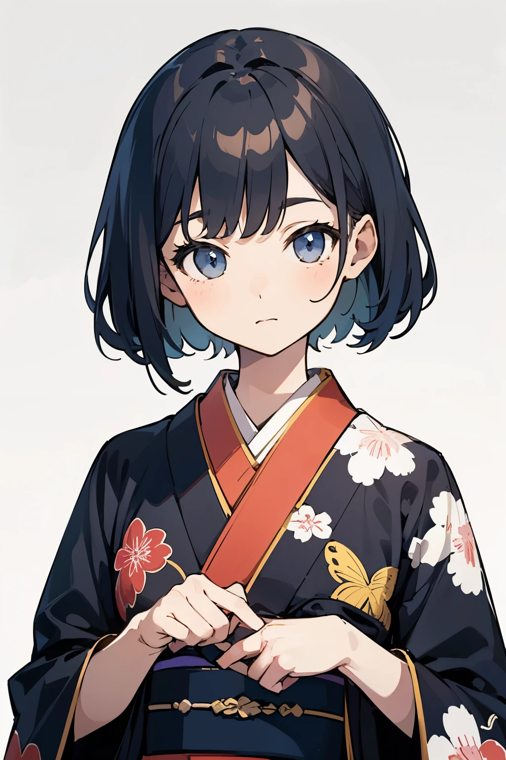 (finely best quality illustration:1.2), (kawaii girl:1.0), (1girl, solo:1.0), (black short hair:1.0), (kimono:1.0), (upper body:1.0), (ultra-detailed, highres, 4k:1.0),