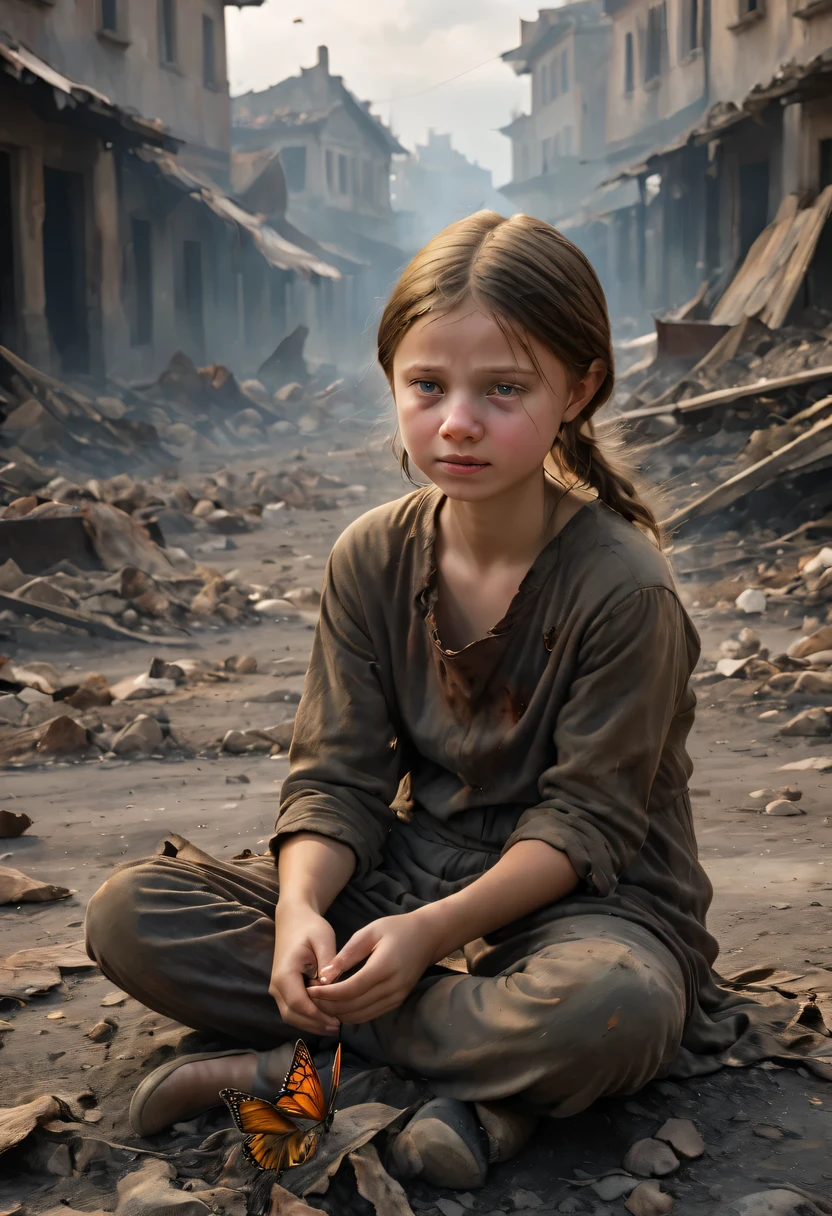 Greta Thunberg&#39;Surreal depictions, 25 years old, Sit sadly, pain, ((dry teardrops)), messy hair, dusty face and cloth,(( A destroyed city in the background, fire, ((Human corpses on the ground)), some people are crying, Destroyed buildings)), A butterfly rests on her index finger, (((She looked at the butterfly，smile slightly))), super detailed, dynamic color, Black and gray tones, Super emotional pictures, Set against a haunting dark background，Surrounded by billowing black smoke. The image should be charming16:9 format."