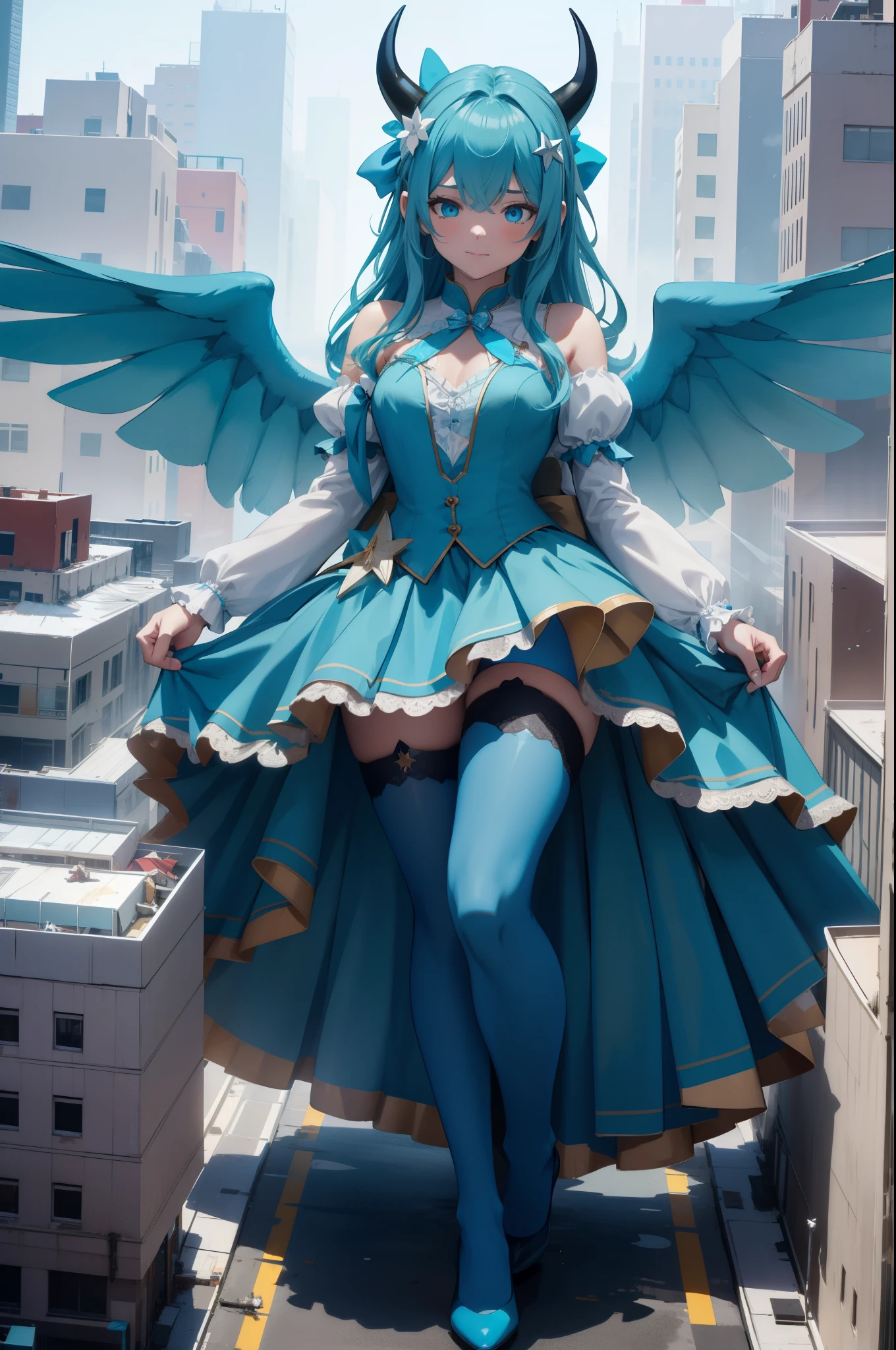 Aerial View，giant girl 50,000 feet high，Weight 1000kg，Has a pair of huge blue angel wings，With huge devil horns on his head，Has waist-length blue hair，loose hair，Blue wavy hair，cyan crown，Wearing a pair of cyan Mary Jane high heels，cyan lace gloves，Cyan lace pantyhose，Pantyhose with bow and star decorations，青色蕾丝whole body，Standing upright on a small city，Beautiful appearance，Exquisite makeup，quality，8k，高quality，Perfect proportion, Cinema lighting，film grain，Fuji colors，8k，textured skin，Super details，high detail，high resolution，fake smile，blood stains，脚底有blood stains，whole body，Obese，feather