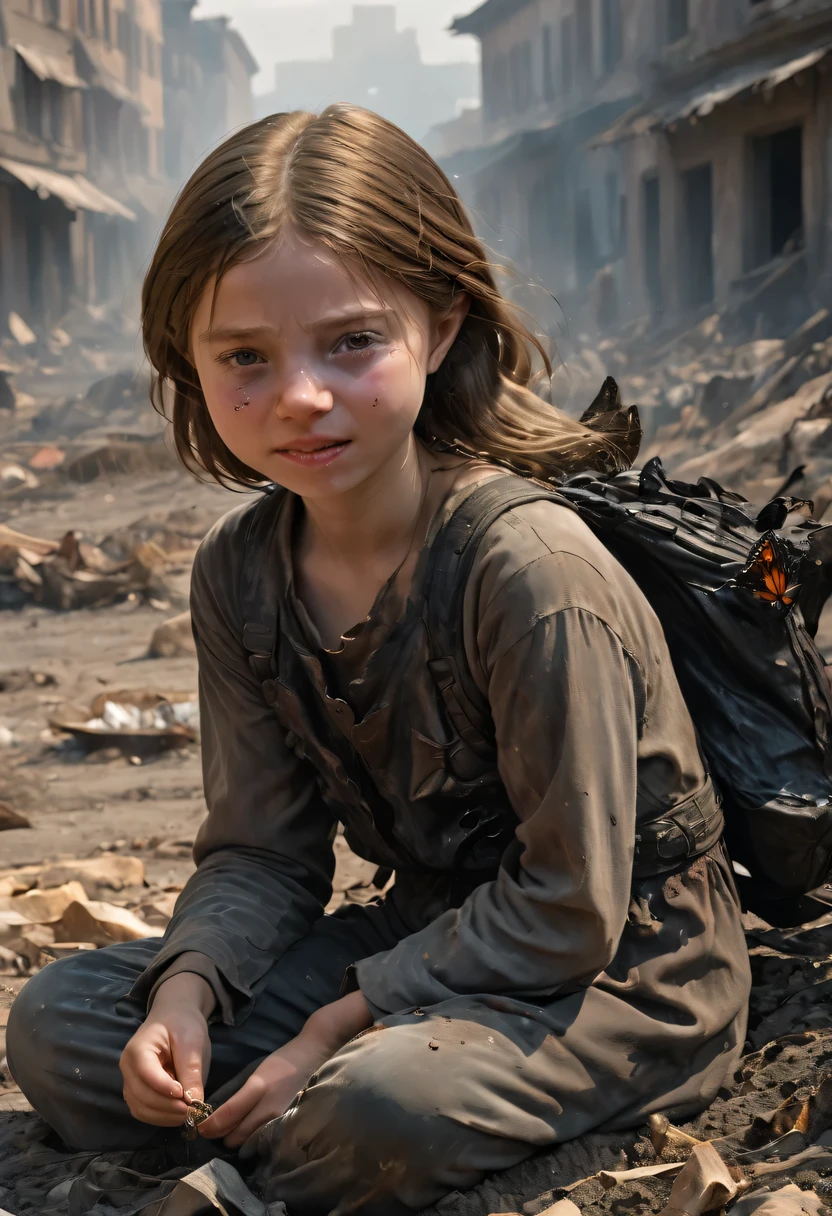 Greta Thunberg&#39;Surreal depictions, 25 years old, Sit sadly, pain, ((dry teardrops)), messy hair, dusty face and cloth,(( A destroyed city in the background, fire, ((Human corpses on the ground)), some people are crying, Destroyed buildings)), A butterfly rests on her index finger, (((She looked at the butterfly，smile slightly))), super detailed, dynamic color, Black and gray tones, Super emotional pictures, Set against a haunting dark background，Surrounded by billowing black smoke. The image should be charming16:9 format."