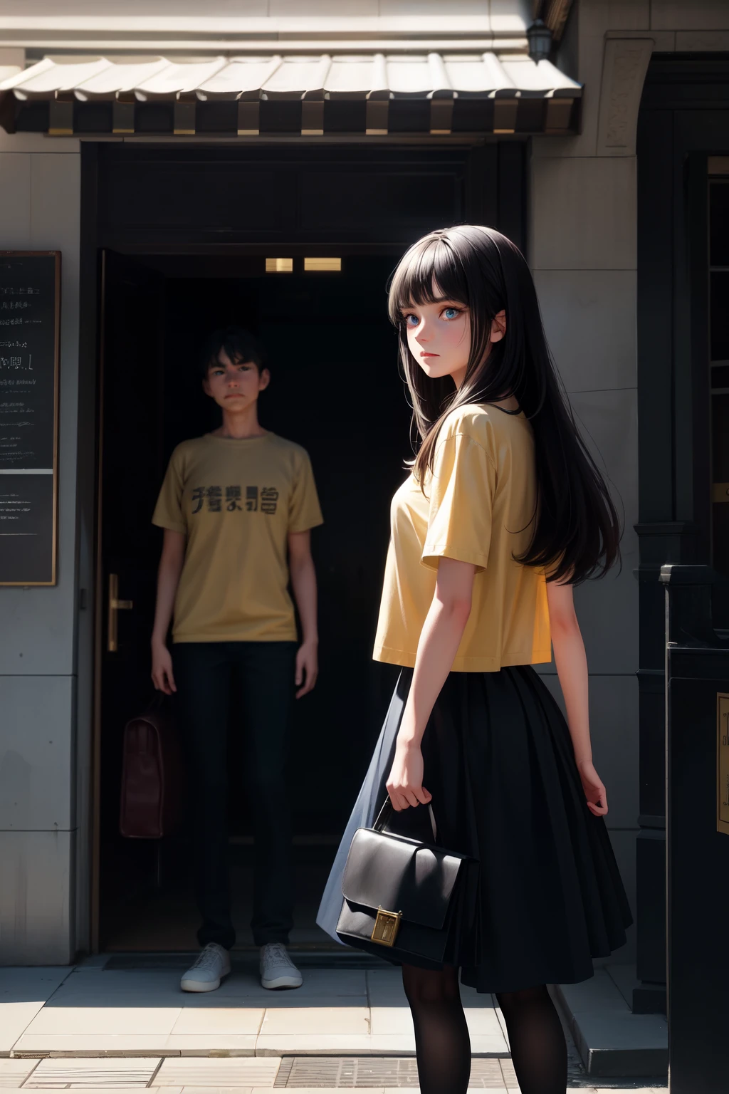 One black-haired girl with blue eyes lies calmly on the university doors' threshold, her expression cold as she watches a delivery man with yellow t-shirt approach. He attempts to hand her a package, but she brusquely brushes his hand away. With a dismissive turn, she gets up and walks away from the scene, leaving the bewildered man behind. This moment, captured in a master painting, showcases the brunette's determination and independence. The university doors serve as an imposing backdrop, emphasizing the girl's small figure and highlighting her resolve in the face of adversity. The scene is rendered with intricate detail and exceptional artistic skill, bringing the atmosphere to life. Stand