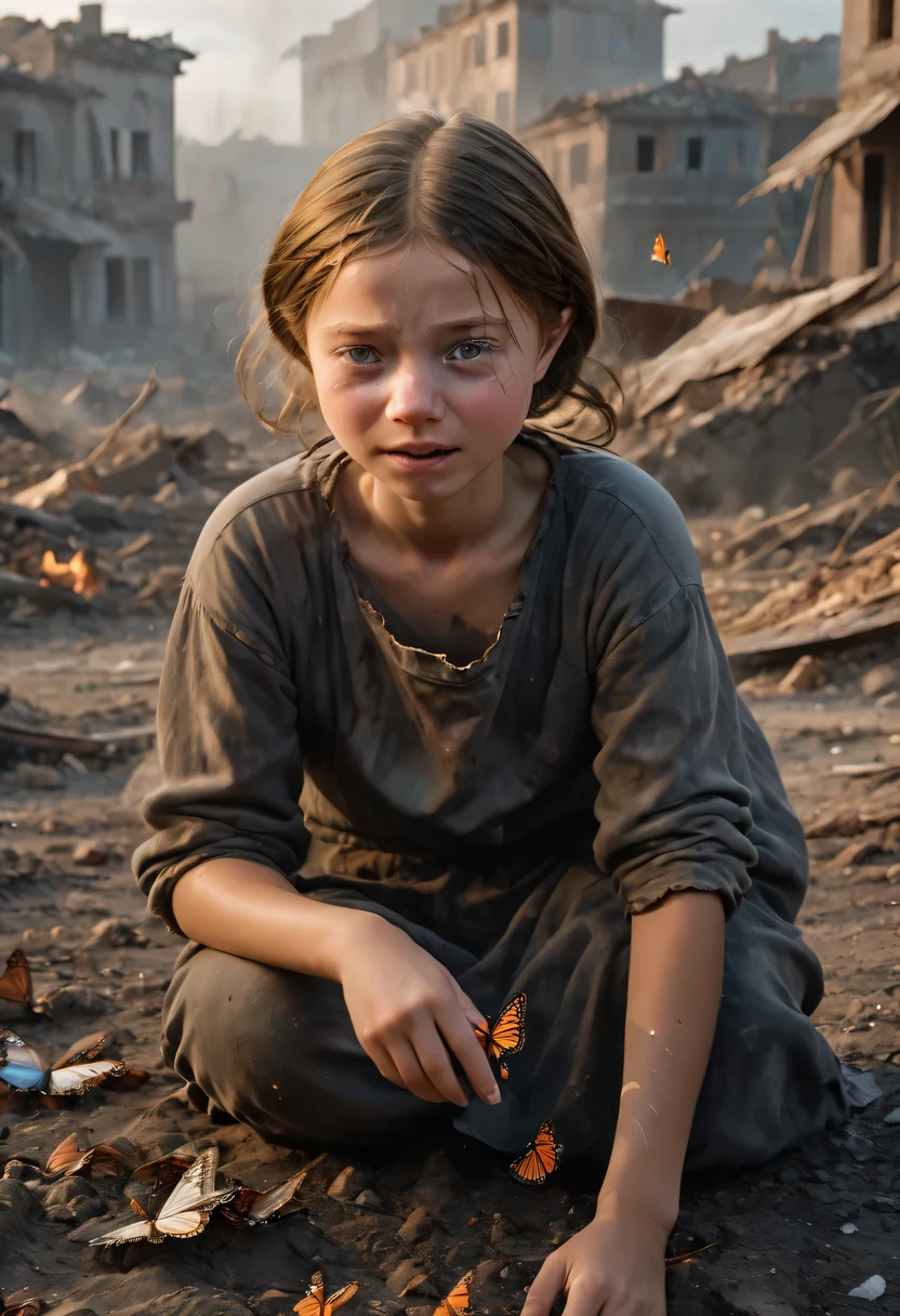 Greta Thunberg'Surreal depictions, 25 years old, Sit sadly, pain, ((dry teardrops)), messy hair, dusty face and cloth,(( A destroyed city in the background, fire, ((Human corpses on the ground)), some people are crying, Destroyed buildings)), A butterfly rests on her index finger, (((She looked at the butterfly,smile slightly))), super detailed, dynamic color, Black and gray tones, Super emotional pictures, Set against a haunting dark background,Surrounded by billowing black smoke. The image should be charming16:9 format."