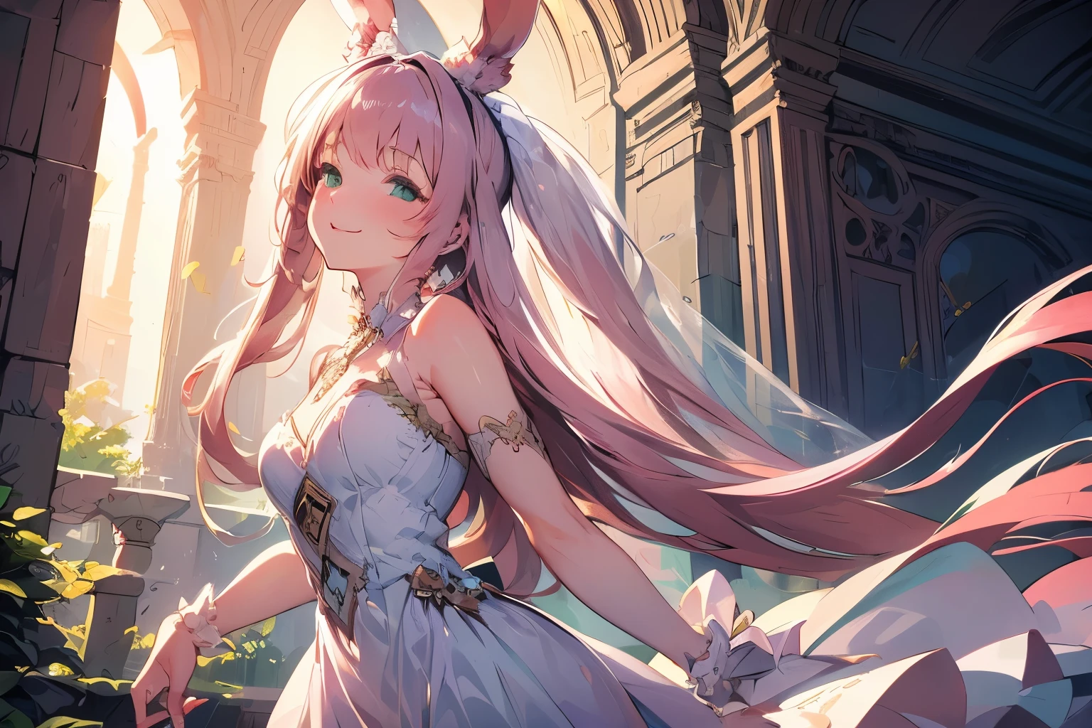 (best quality),(4K), [Highly detailed CG]!!,(Come on, great, great),(((The greatest masterpiece,))) (Super detailed),(((a girl,alone))),(intricate details),(Nature,cute face),((((Beautiful church))),(((dynamic angle,)))(breeze),(dynamic lighting),(bloom,Synthwave), (actual: 0.7),long eyelashes,Double tail,light pink haired god,straight hair,Rabbit ears,red headband,(extra long wedding dress),((Elegant and conservative fabric)),smile,((place one's arms behind one's back))，Close eyes