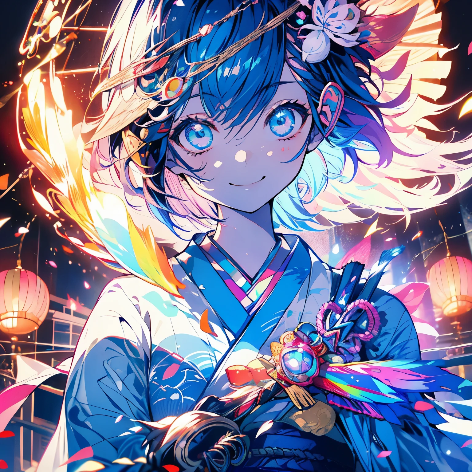 (((delicate eyes)))、smile、anime girl, short hair, 可愛いanime girl、rainbow colored hair,hair ornaments、kimono、smile、Gwythe、Japanese umbrella