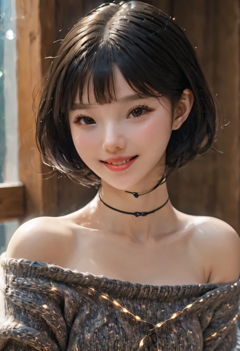 top quality, masterpiece, ultra high resolution, lifelike, 1 girl, take off shoulders, knitting, Smile, Smile, slightly visible, King size_sweater, soft light, delicate skin, Bangs, black hair, clear eyes, bob short hair, transparency, Japan, Korean, beautiful woman, Upper eyes, lip gloss, Black thick collar, teardrop, Diagram of mole on chest, emphasize