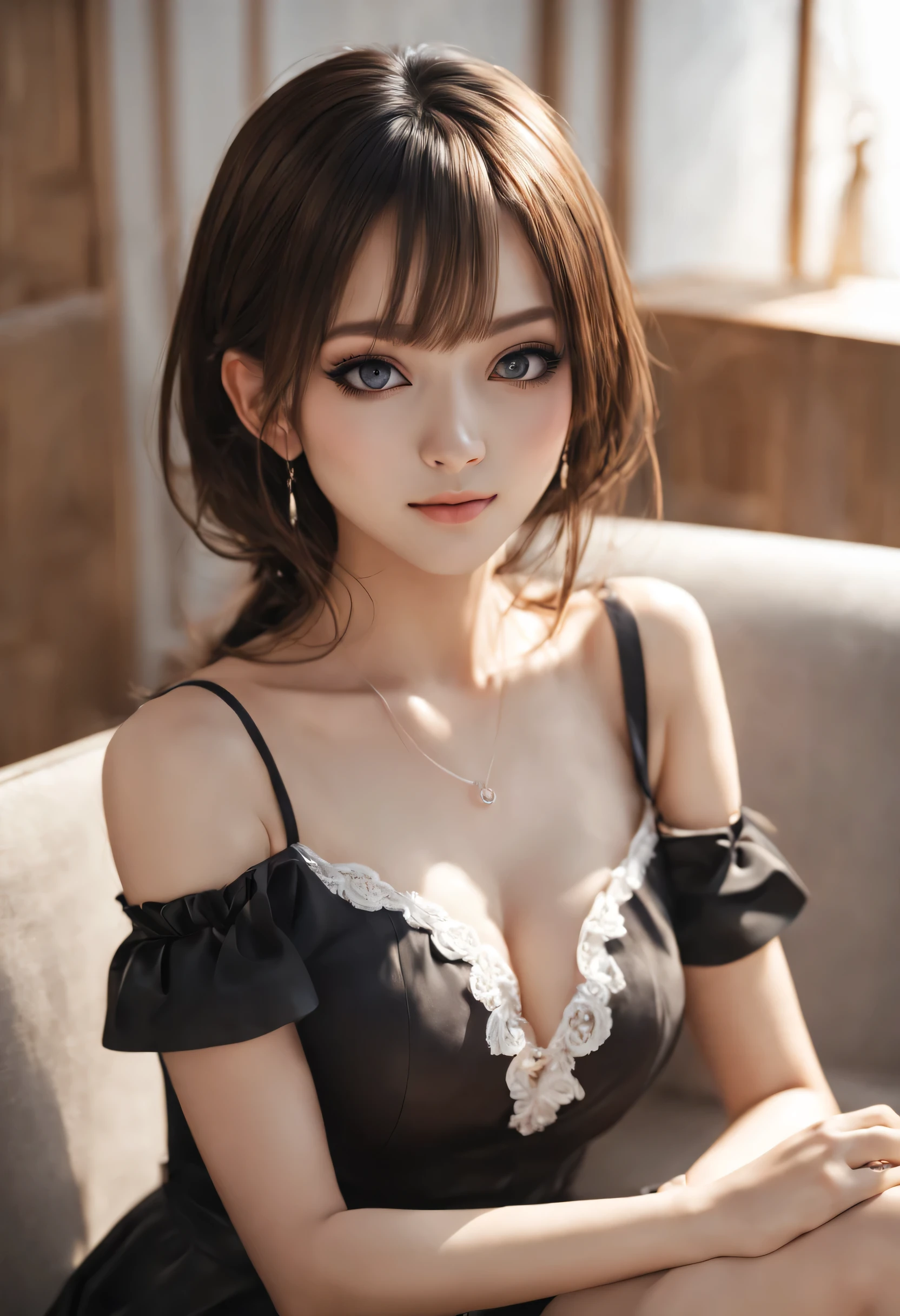 wani wani panic,realistic,upturned eyes,blush,open chest,strap_slip, bare_shoulders, off_shoulder,smile,large breasts,
a cute anime girl sits on a couch in a black dress, in the style of 8k, subtle pastel tones, shiny/glossy, dark brown and white, catcore, eerily realistic, i can't believe how beautiful this is
,ultra realistic detailed,aesthetic,best quality,(photorealistic:1.2),dynamic angle,elegant,realistic skin detail ,