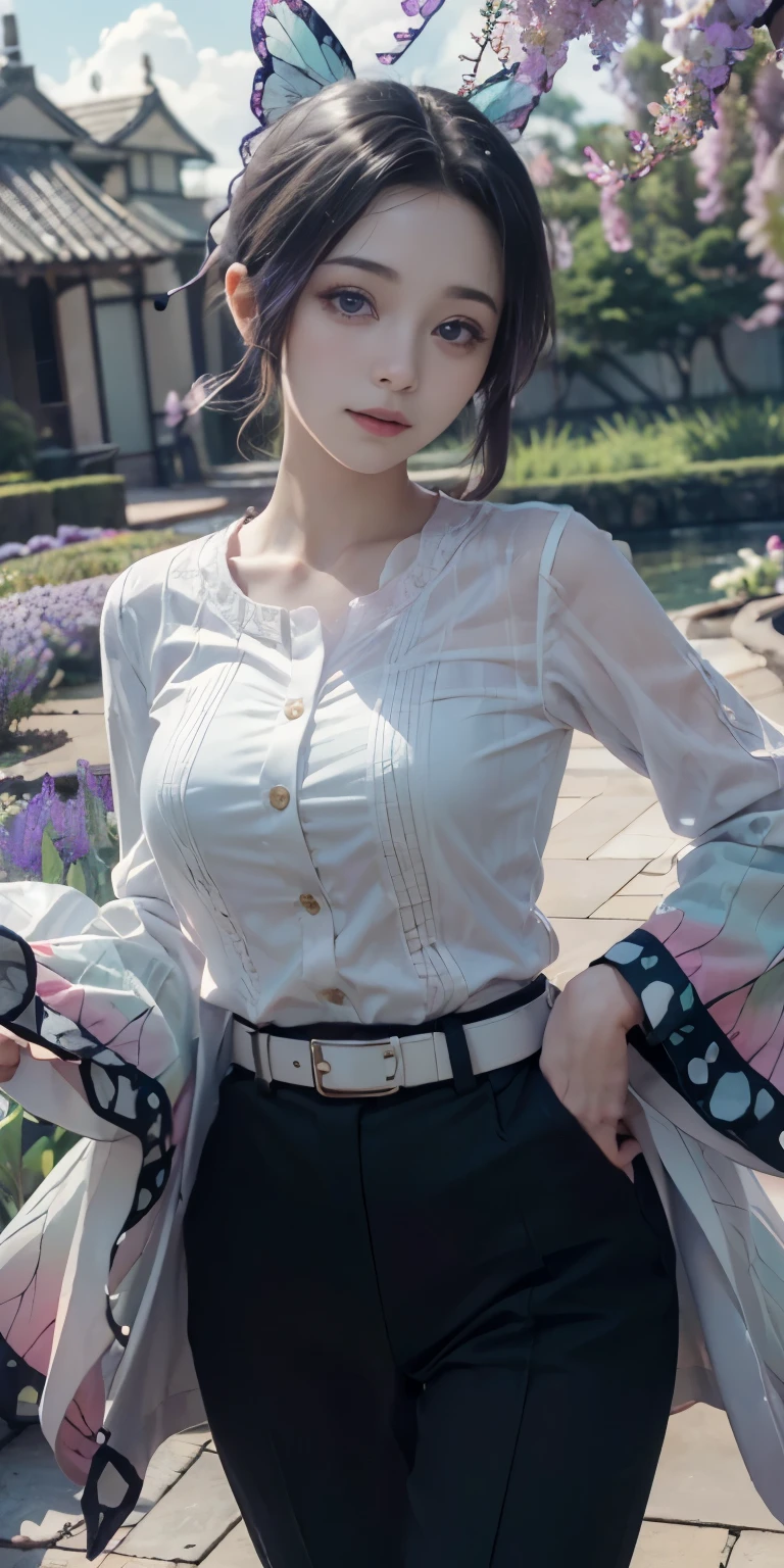 Ultra-realistic 8k CG,masterpiece,((ultra-detailed background, delicate pattern, intricate details)),best quality,very detailed face,extremely detailed eyes and face,extremely detailed eyes,kochou shinobu,multicolored hair,no bangs,hair intakes,purple eyes,forehead,black shirt,black pants,haori,butterfly,buttons,belt,(Garden:1.2),purple flower,chibi,cloudy sky,sunlight,Tindal effect,gradient_sky,face,Gorgeous sky,Waist Sabre,Charming posture,