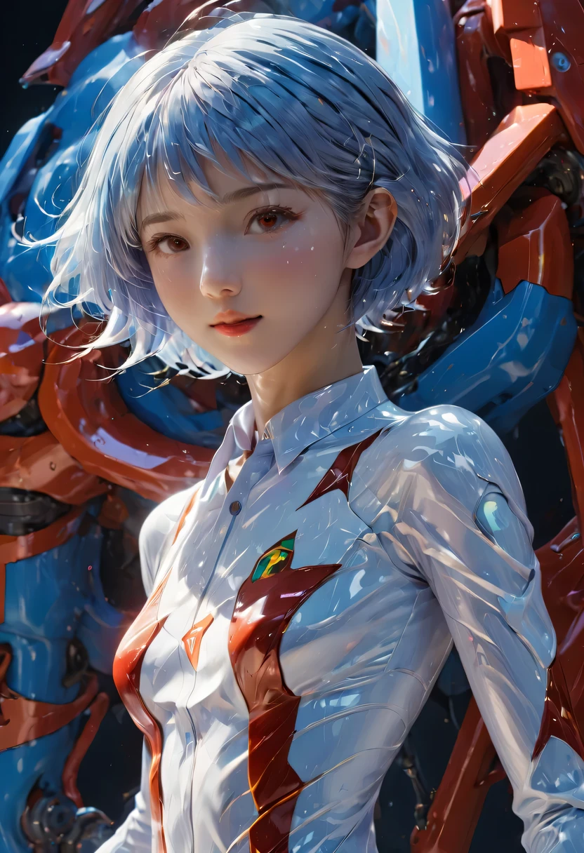 Masterpiece Portrait of Smiling Rei Ayanami (Shin Evangelion), Shin Evangelion (Hideaki), Caustics, High resolution illustration, red eyes, Feminine, There are no students, blue hair, short hair, japanese school uniform, loafers, scare, Synthwave, paint splashs, shaded flat illustration, The art of mathematics, Popular topics on Artstation, Very detailed, Exquisite details, complicated, splash, transcend, Automotive parts, neon color