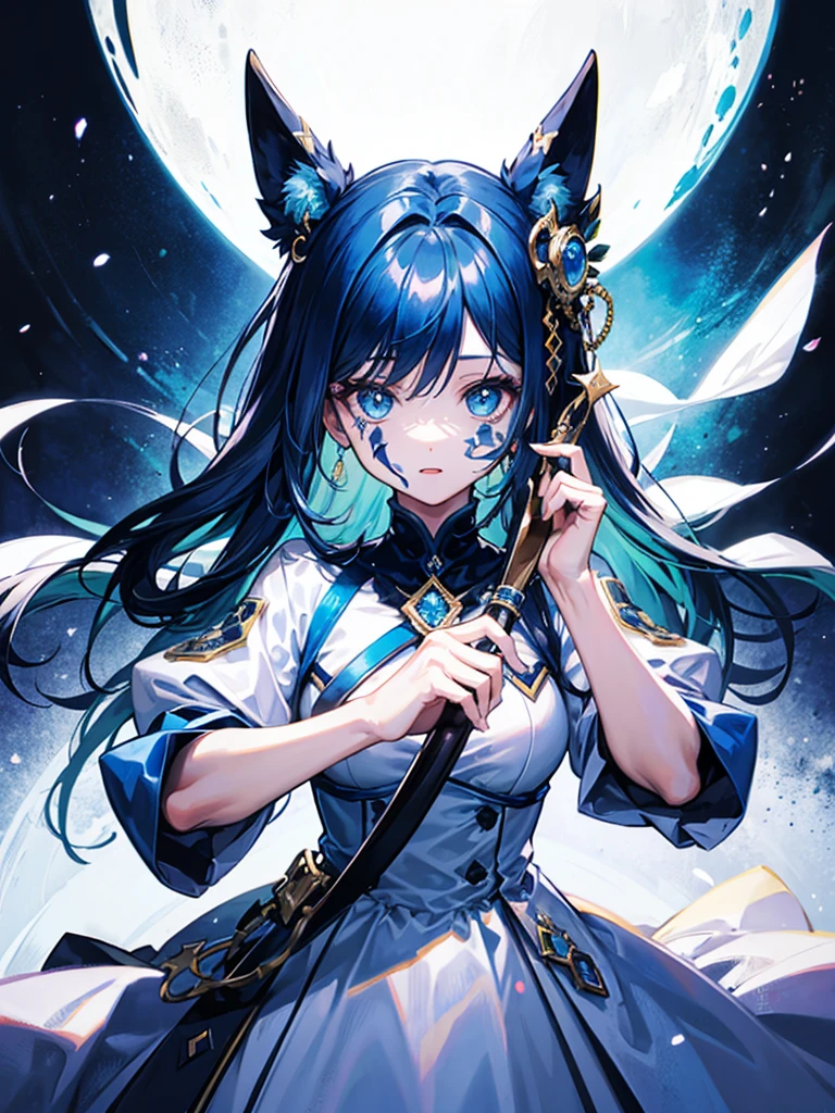 (((masterpiece、Highest image quality、highest quality、highly detailed unity 8kwallpaper)))、((Illustration of one girl))、(((beautiful girl)))、blue hair、white clothes