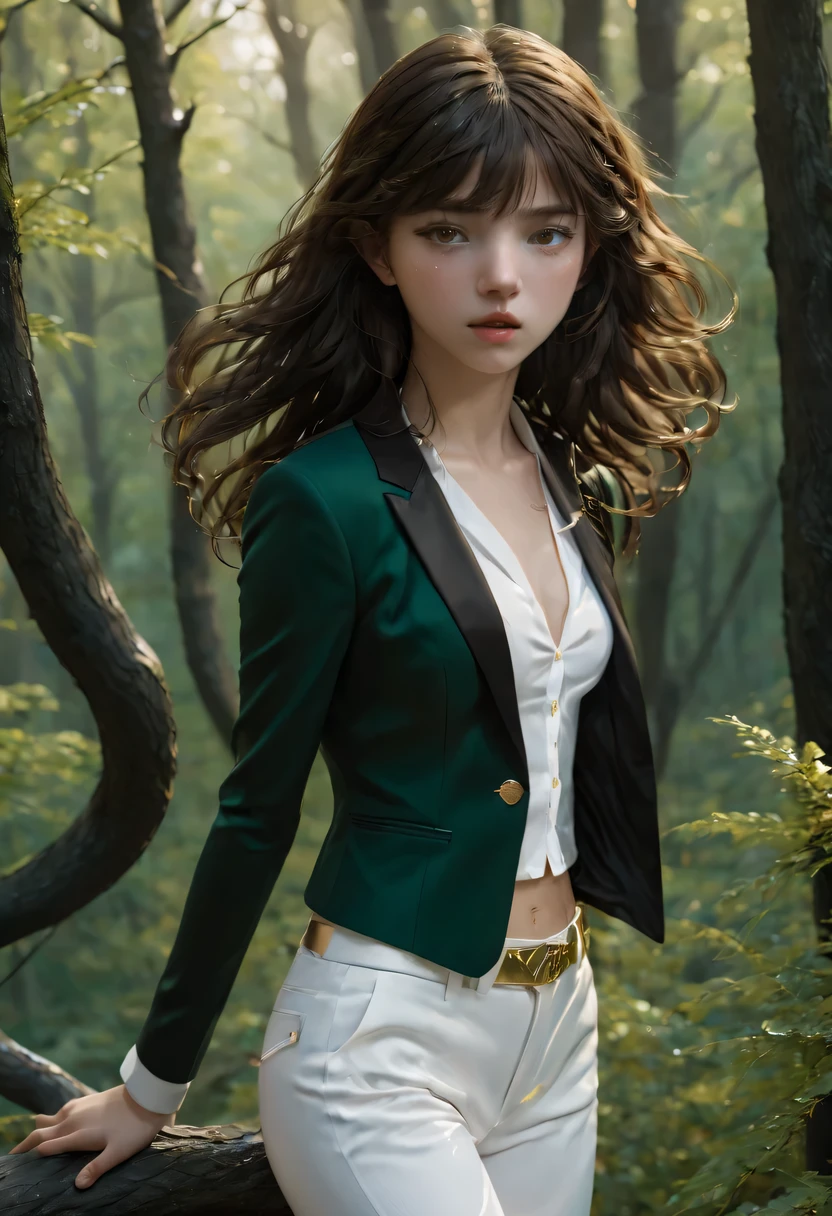 8k, best quality, masterpiece, Very detailed, semi-realistic, a girl, a girl, 20 years old, looking over hands, Dark brown bangs long hair, curls, green eyes, black suit, white pants, bare shoulders, gold details, weight loss, cold expression, Battle scenes, outdoor, forest background, There are many trees and dark sky