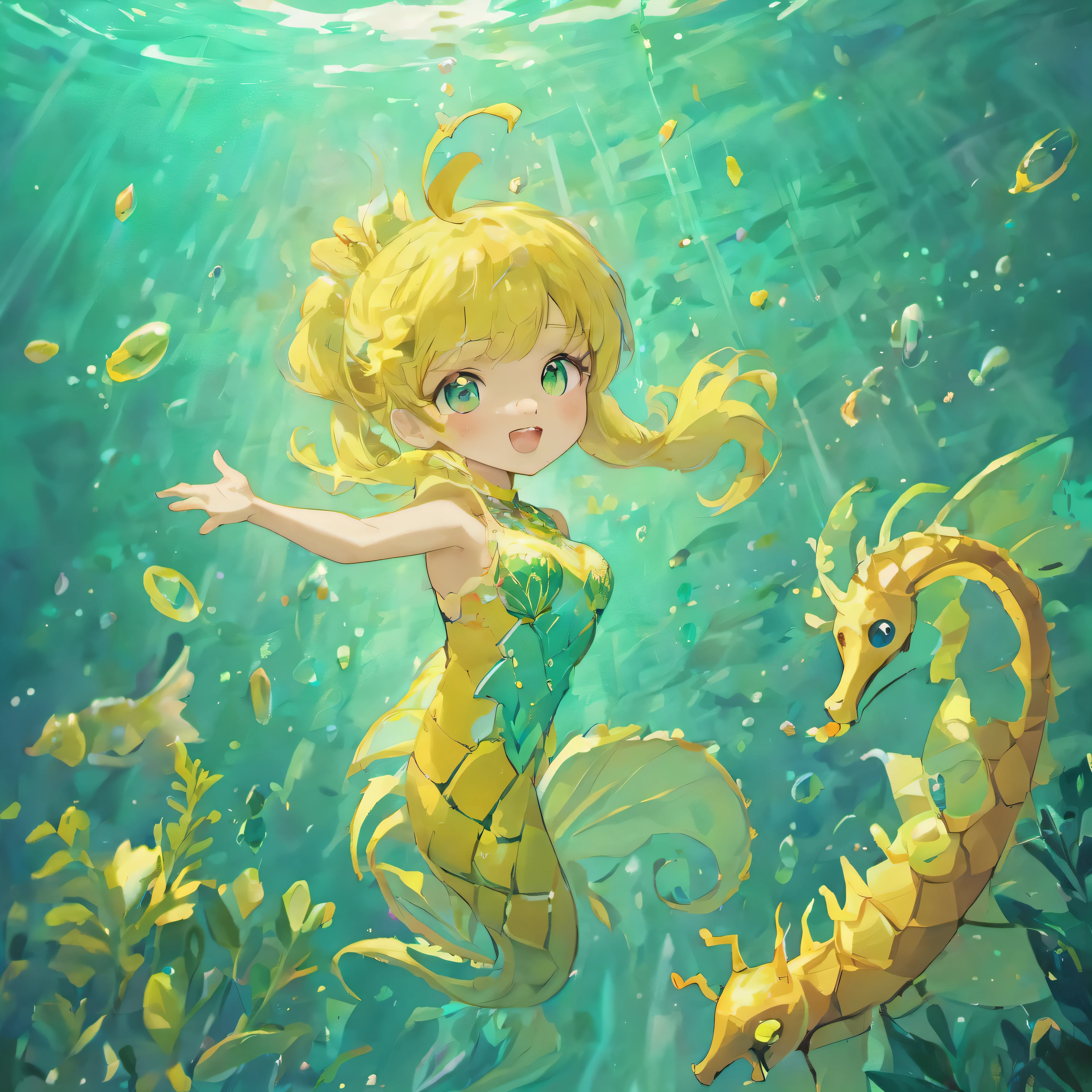 seahorse,cute、anime style、For children、The seahorse is waving its hand「Hello！」