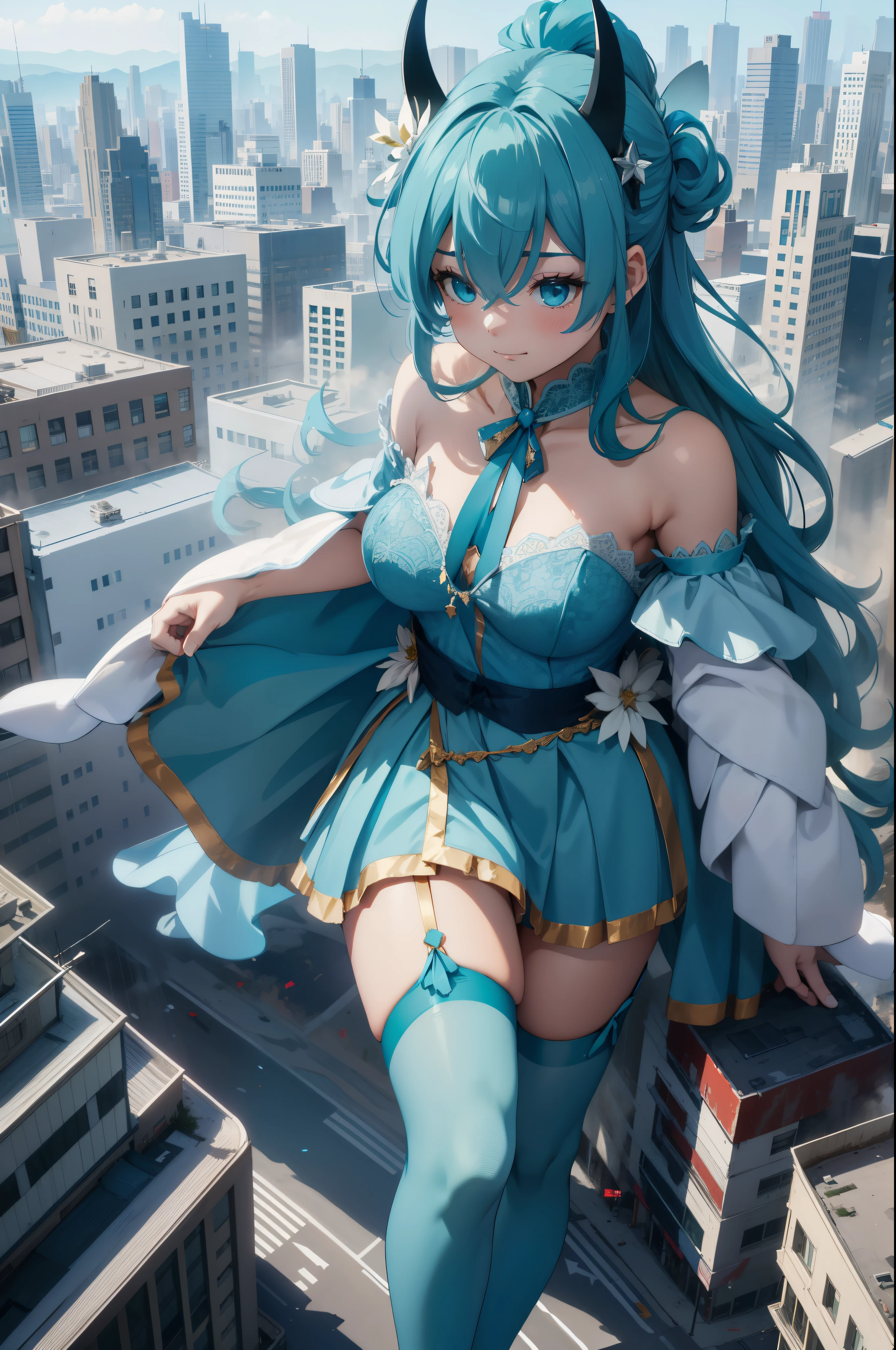 Aerial View，giant girl 50,000 feet high，Weight 1000kg，Has a pair of huge blue angel wings，With huge devil horns on his head，Has waist-length blue hair，loose hair，blue wavy hair，cyan crown，Wearing a pair of cyan Mary Jane high heels，cyan lace gloves，Cyan lace pantyhose，Bow and star embellished tights，青色蕾丝whole body，Standing tall above the small town，Beautiful appearance，Exquisite makeup，quality，8k，高quality，Perfect proportion, Cinema lighting，film grain，Fuji colors，8k，textured skin，Super details，high detail，high resolution，fake smile，blood stains，脚底有blood stains，whole body，fat，feather