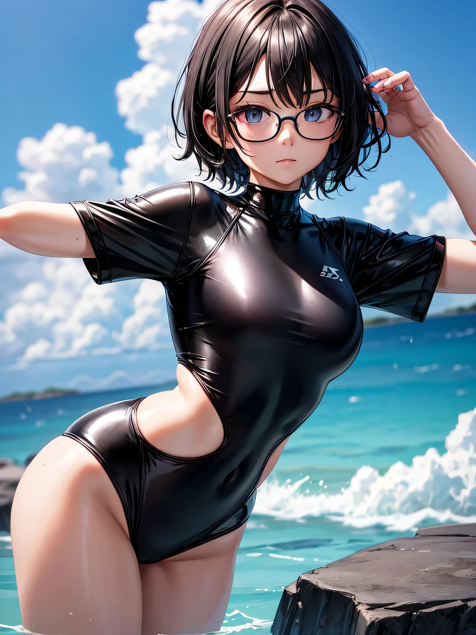 Top quality 8K UHD、pieces fly、cute eyes、Glasses、Black competitive swimsuit、Black latex high neck swimsuit、black metallic high neck swimsuit、Glasses、short hair、Glassesをかけた短髪の銀髪美女、wet skin、from the chest up、Put your hands behind your hips