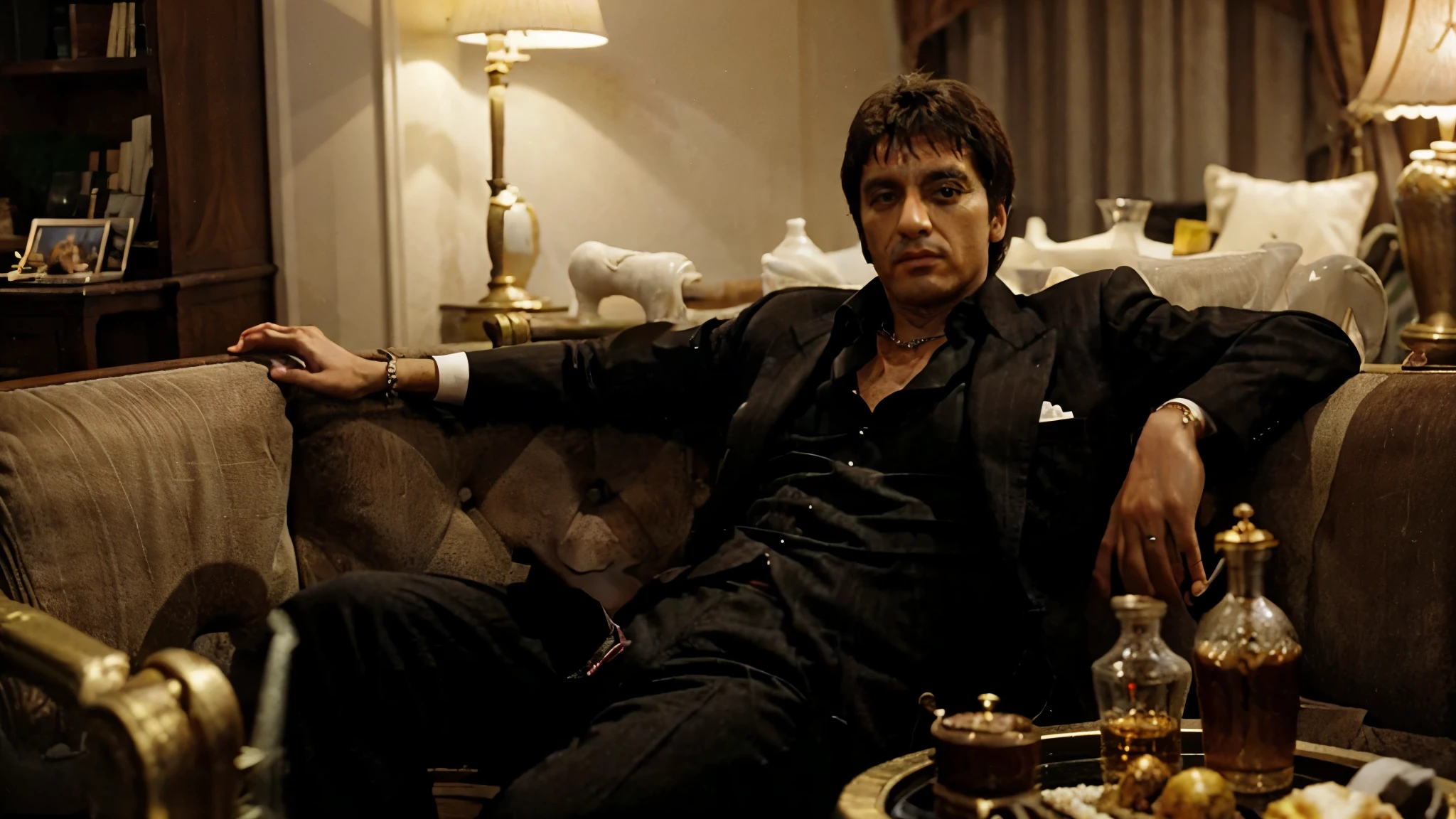 tony montana is sitting on the sofa