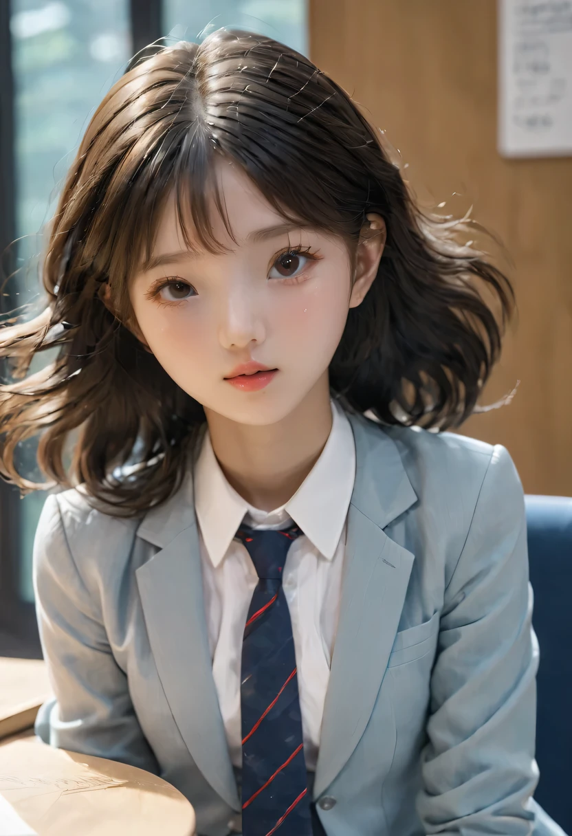 8k, best quality, real picture, intricate details, super detailed, ultra high resolution, depth field,(lifelike,actual:1.2),on the table , straight shot , From Middle ,
1 girl in, AI_Chen, an extremely beautiful -yeld gi innocent big eyes,、super detailed的眼睛:1.2)、(beautiful :1.1)、curls、curls、Bangs、, flawless skin, White skin, , Yao Liu, light blush, alone, looking at the audience, chuckle,
((School_),(Dark blue blazer), (White shirt、tie), (Gray pleated skirt),
(sculptural pose :1.1)